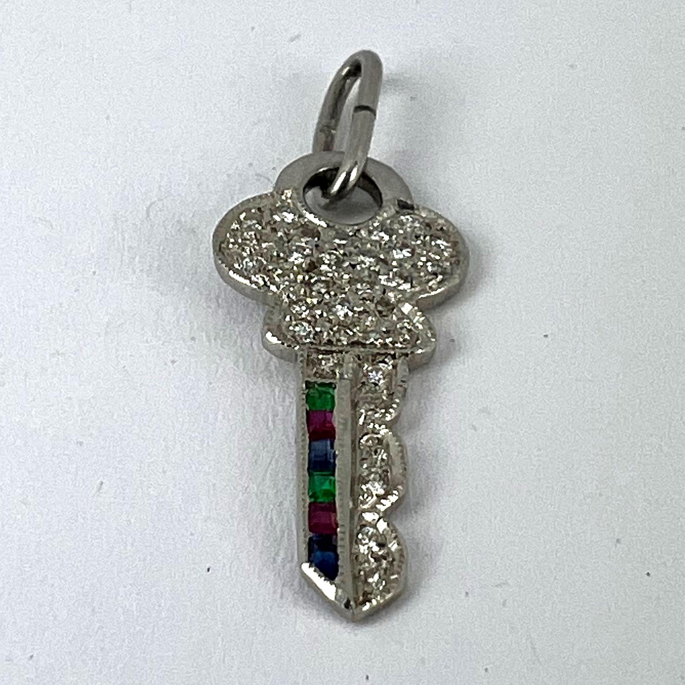 Art Deco Platinum Diamond Ruby Sapphire Emerald Key Charm Pendant For Sale 8