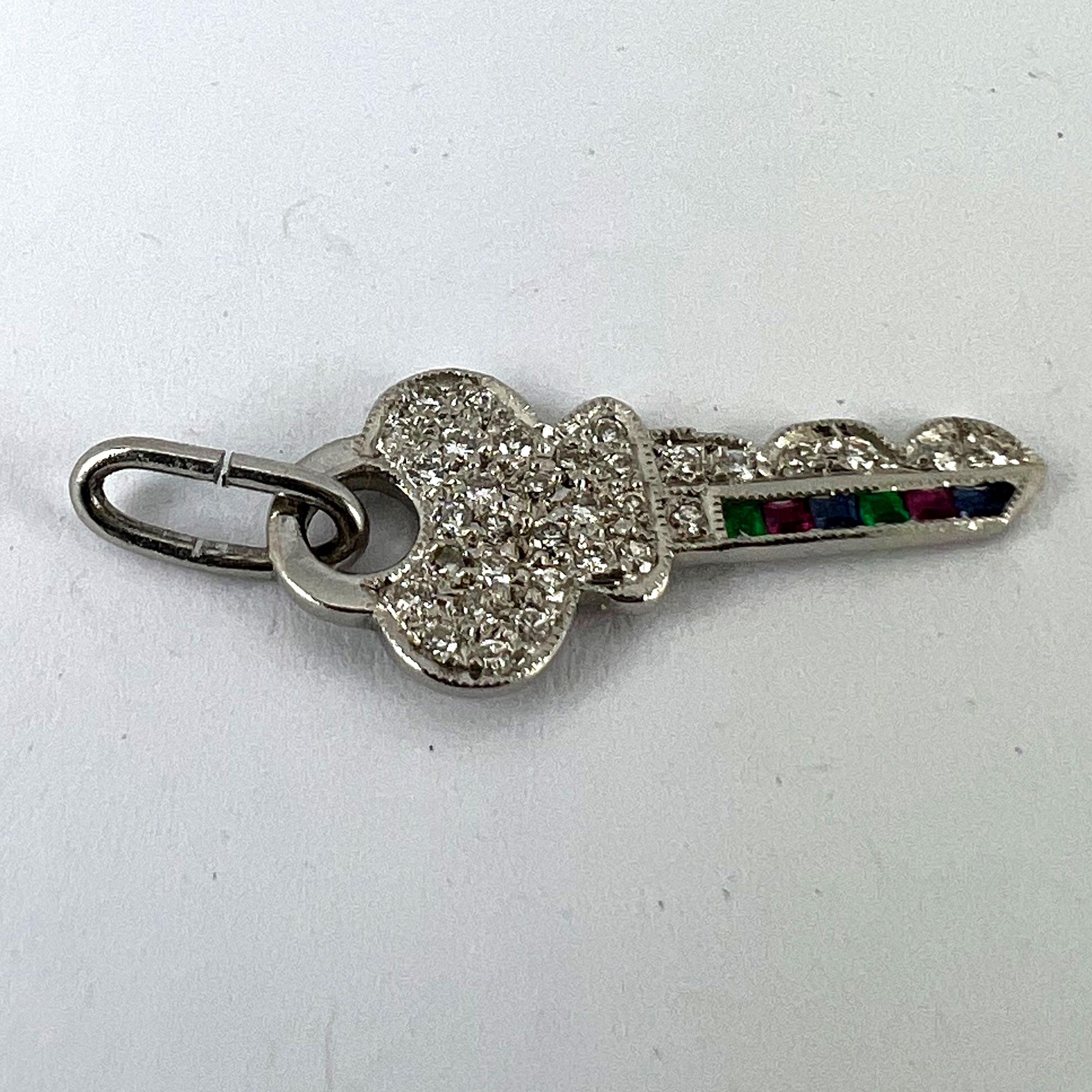 Art Deco Platinum Diamond Ruby Sapphire Emerald Key Charm Pendant For Sale 9