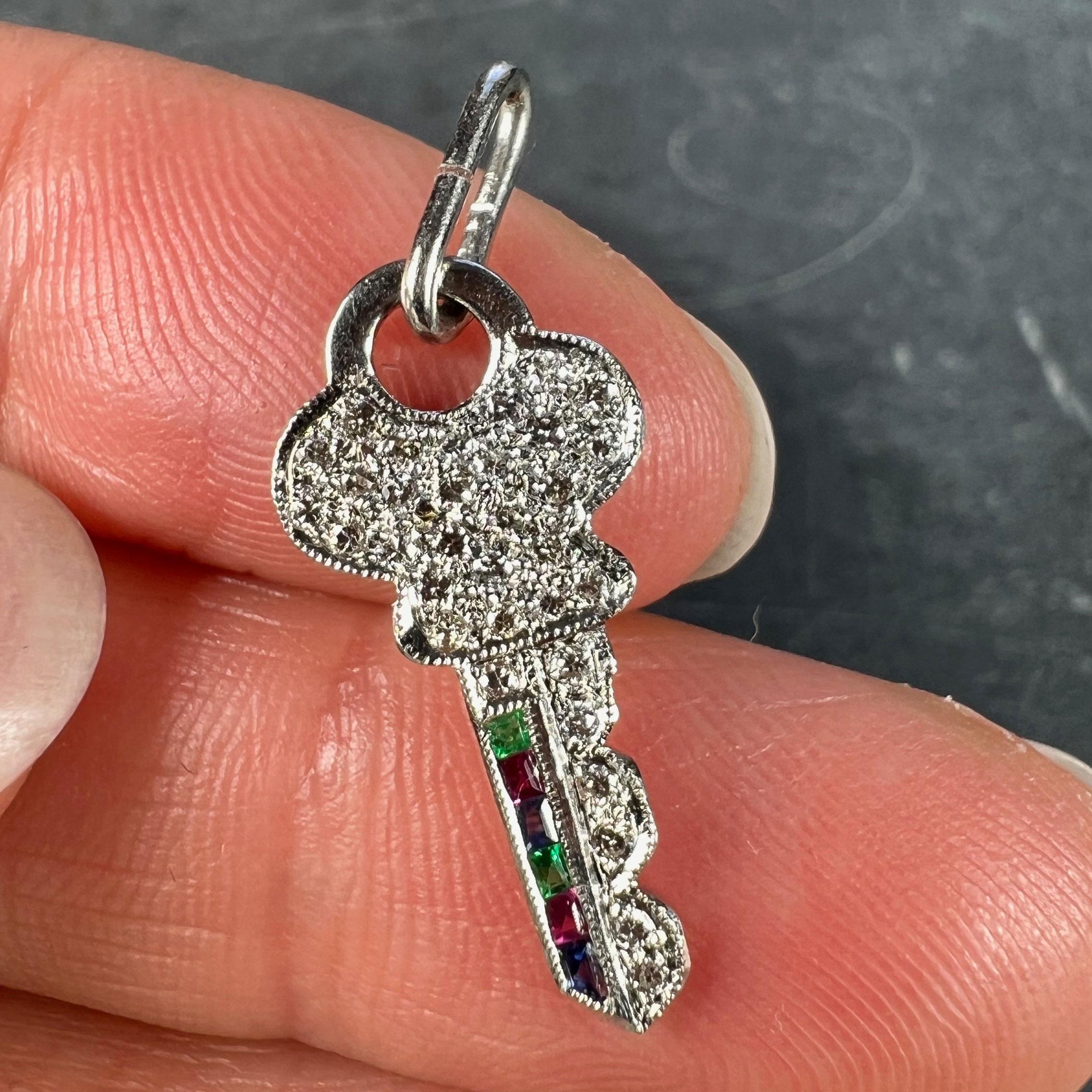 Art Deco Platinum Diamond Ruby Sapphire Emerald Key Charm Pendant In Good Condition For Sale In London, GB