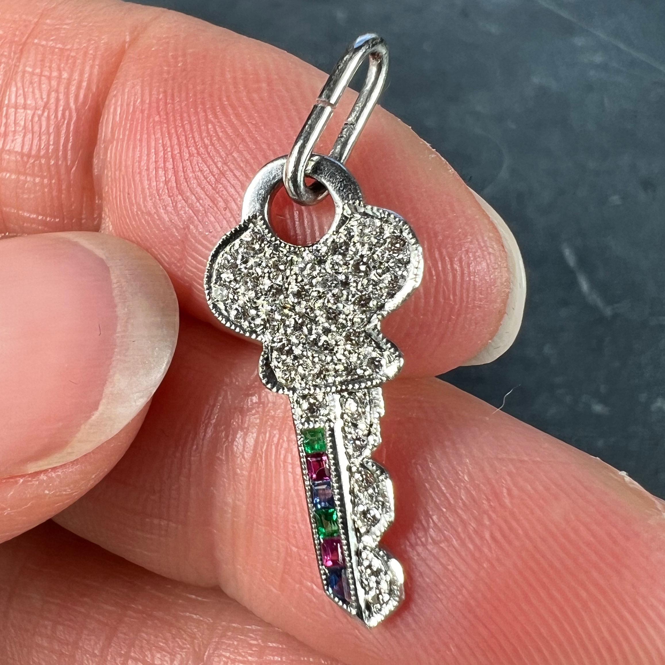 Women's or Men's Art Deco Platinum Diamond Ruby Sapphire Emerald Key Charm Pendant For Sale