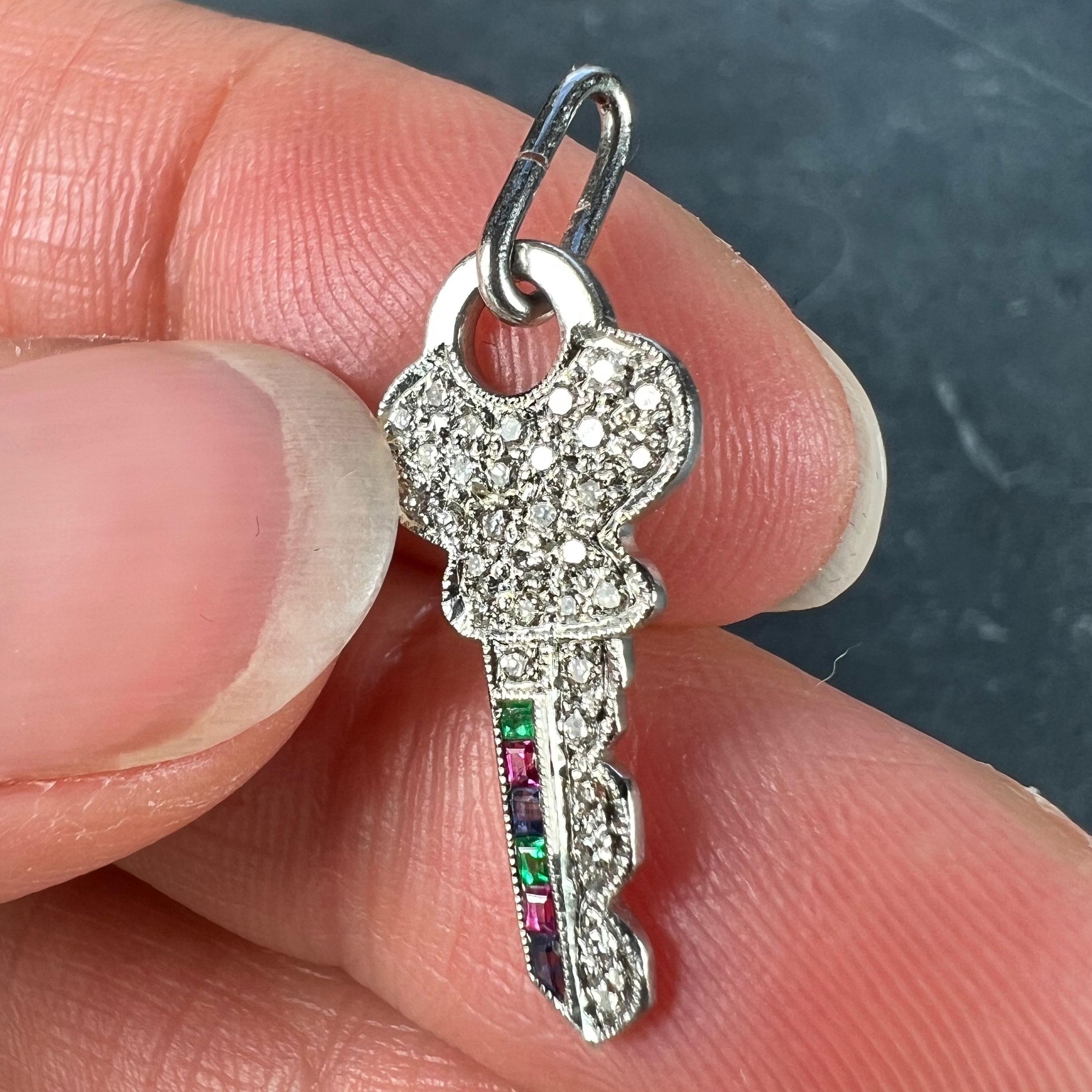 Art Deco Platinum Diamond Ruby Sapphire Emerald Key Charm Pendant For Sale 1