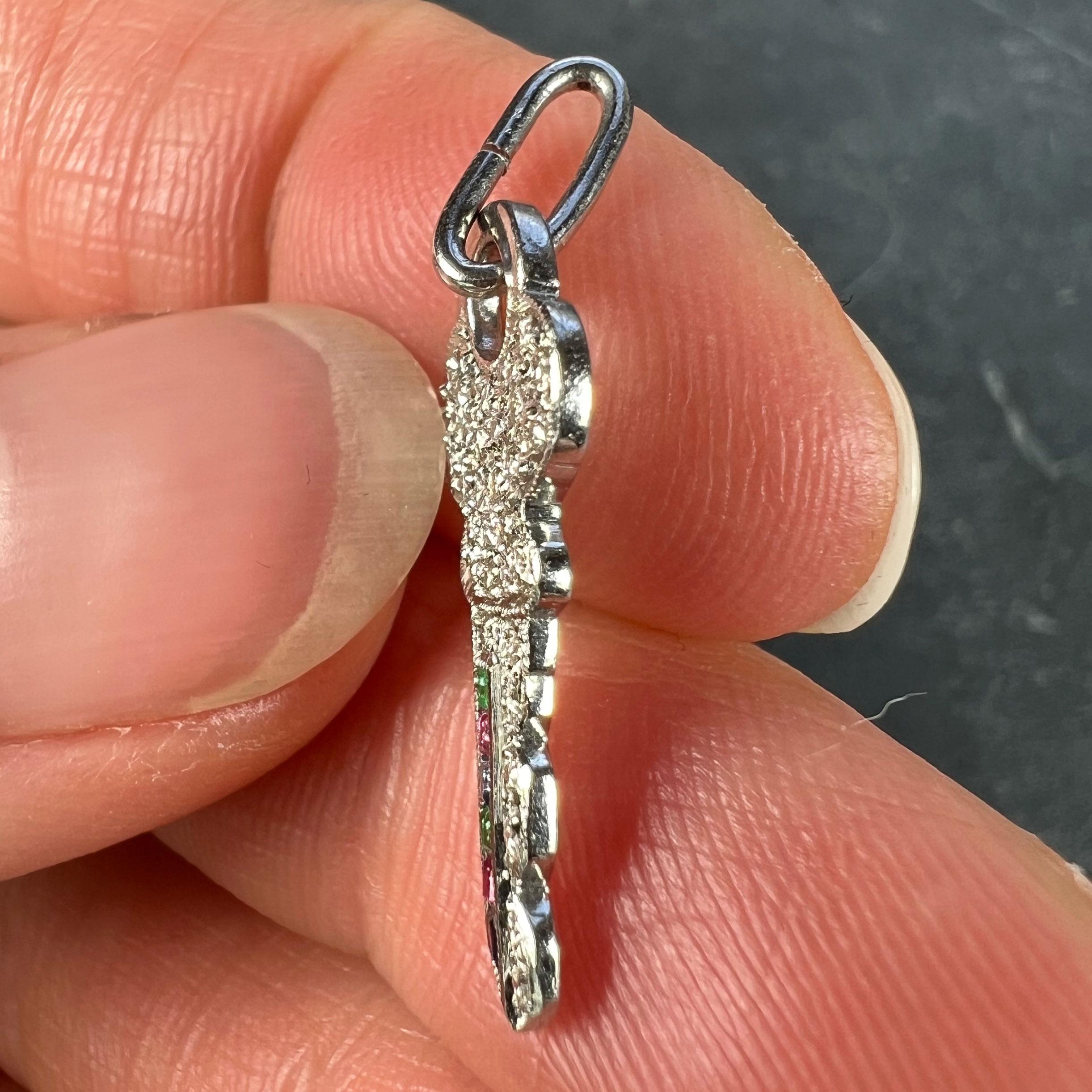 Art Deco Platinum Diamond Ruby Sapphire Emerald Key Charm Pendant For Sale 2