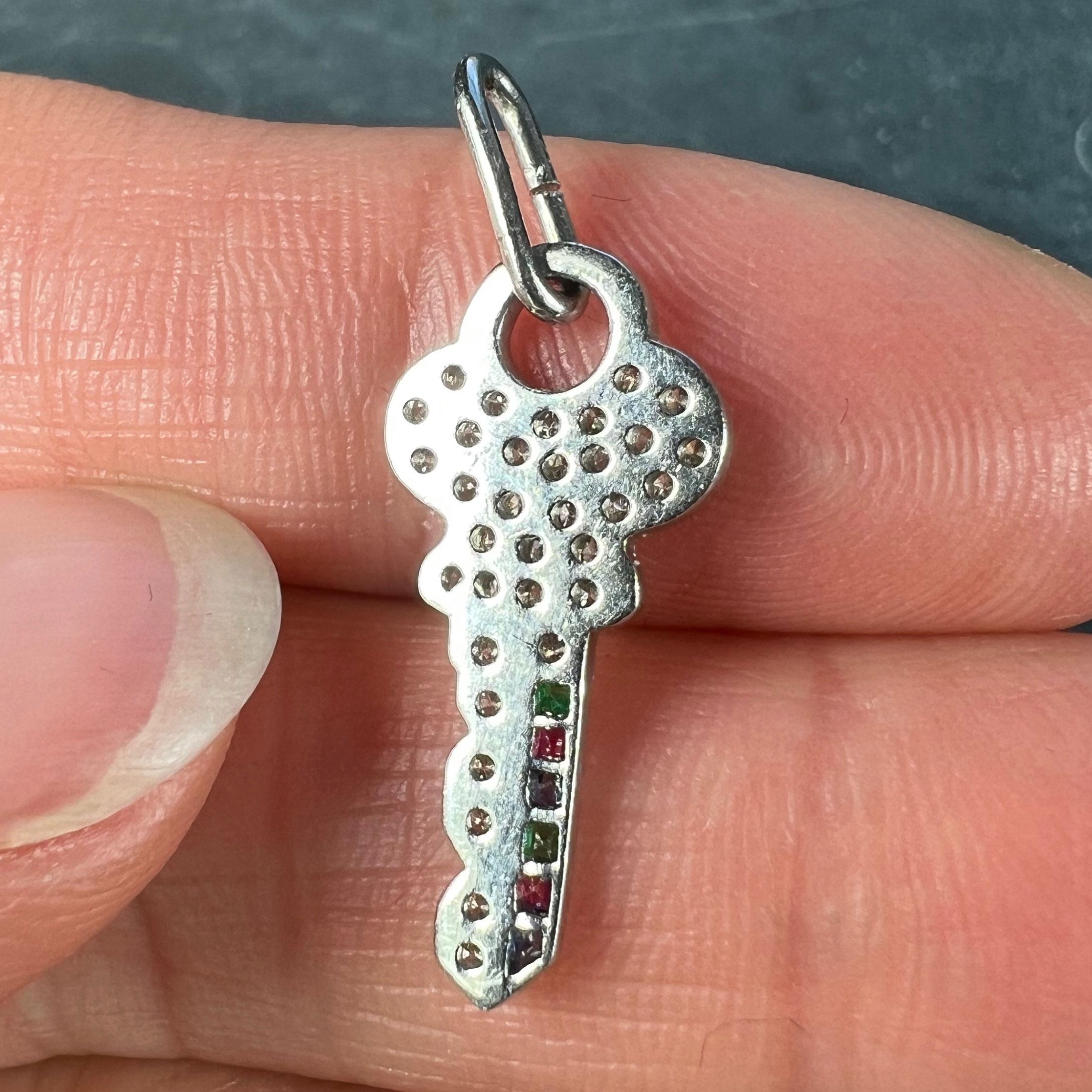 Art Deco Platinum Diamond Ruby Sapphire Emerald Key Charm Pendant For Sale 3