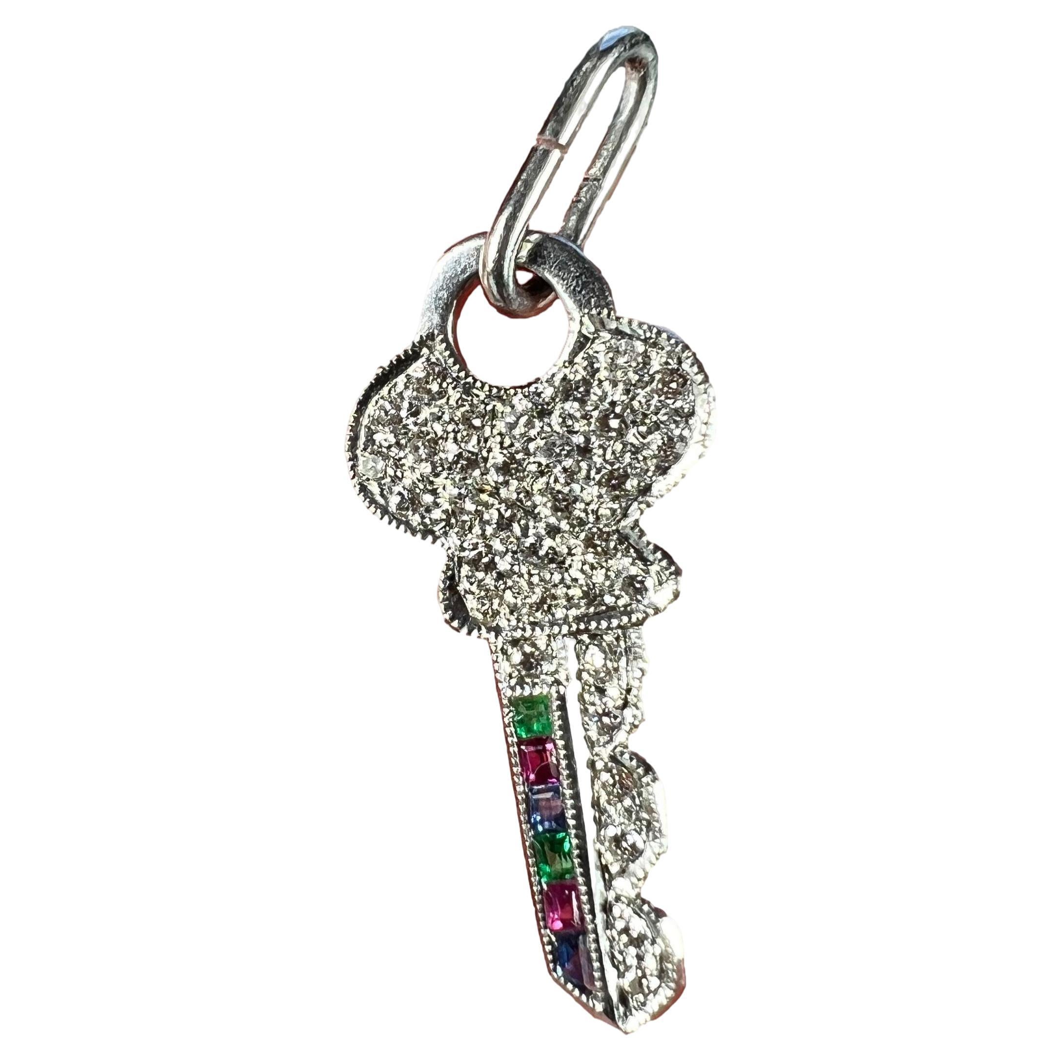 Art Deco Platinum Diamond Ruby Sapphire Emerald Key Charm Pendant For Sale