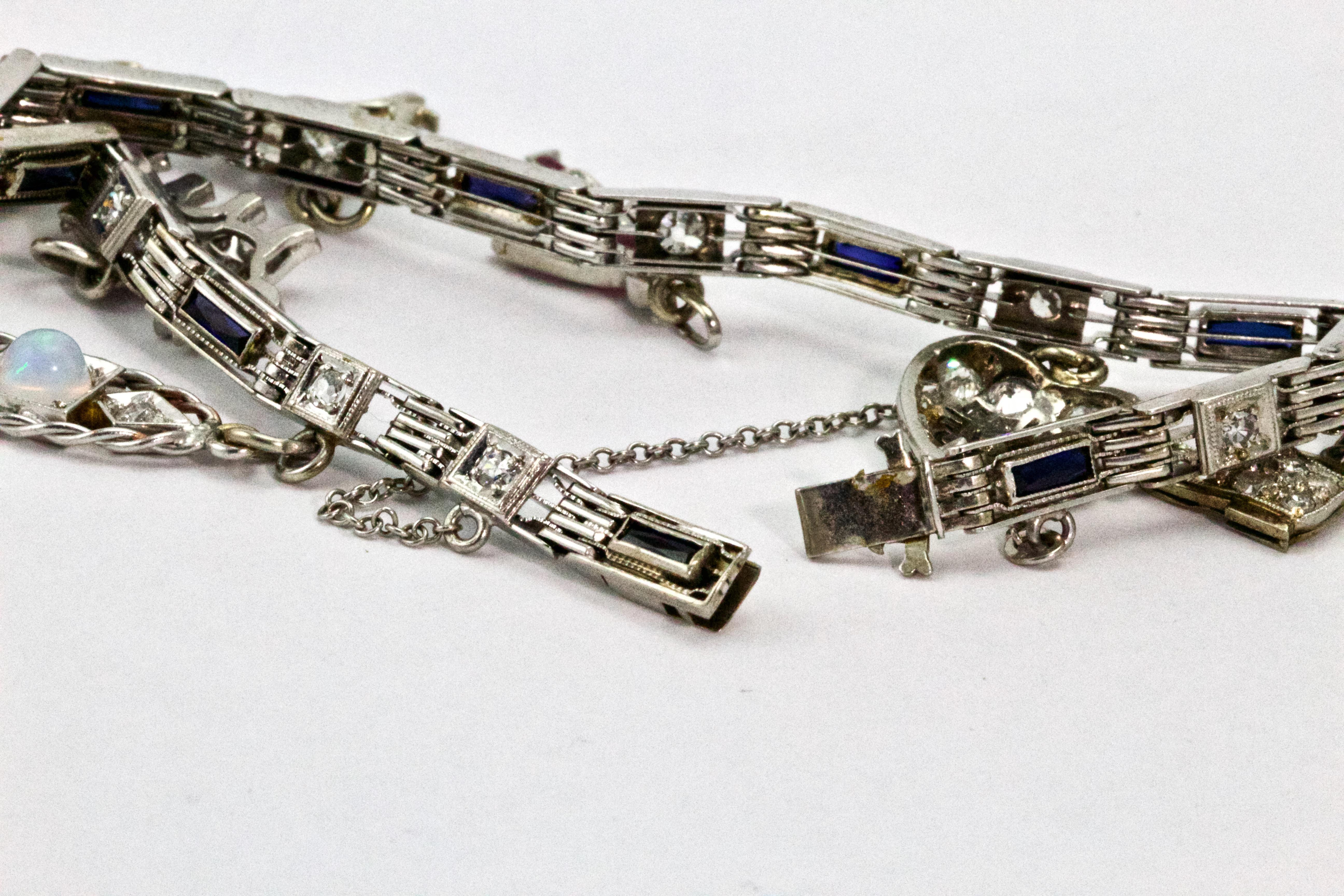 Art Deco Platinum Diamond Ruby Sapphire Opal Charm Bracelet 4