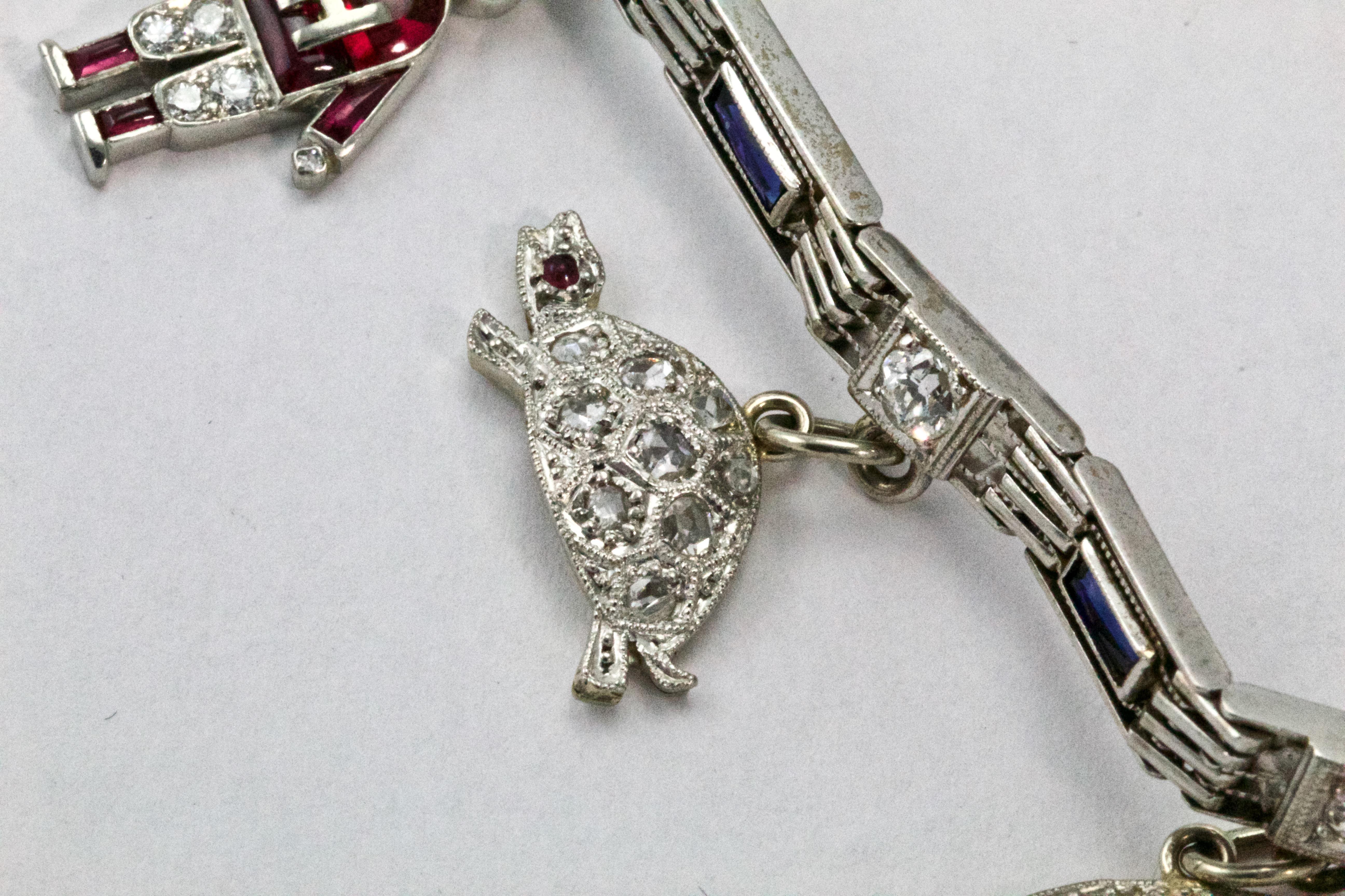 Women's Art Deco Platinum Diamond Ruby Sapphire Opal Charm Bracelet