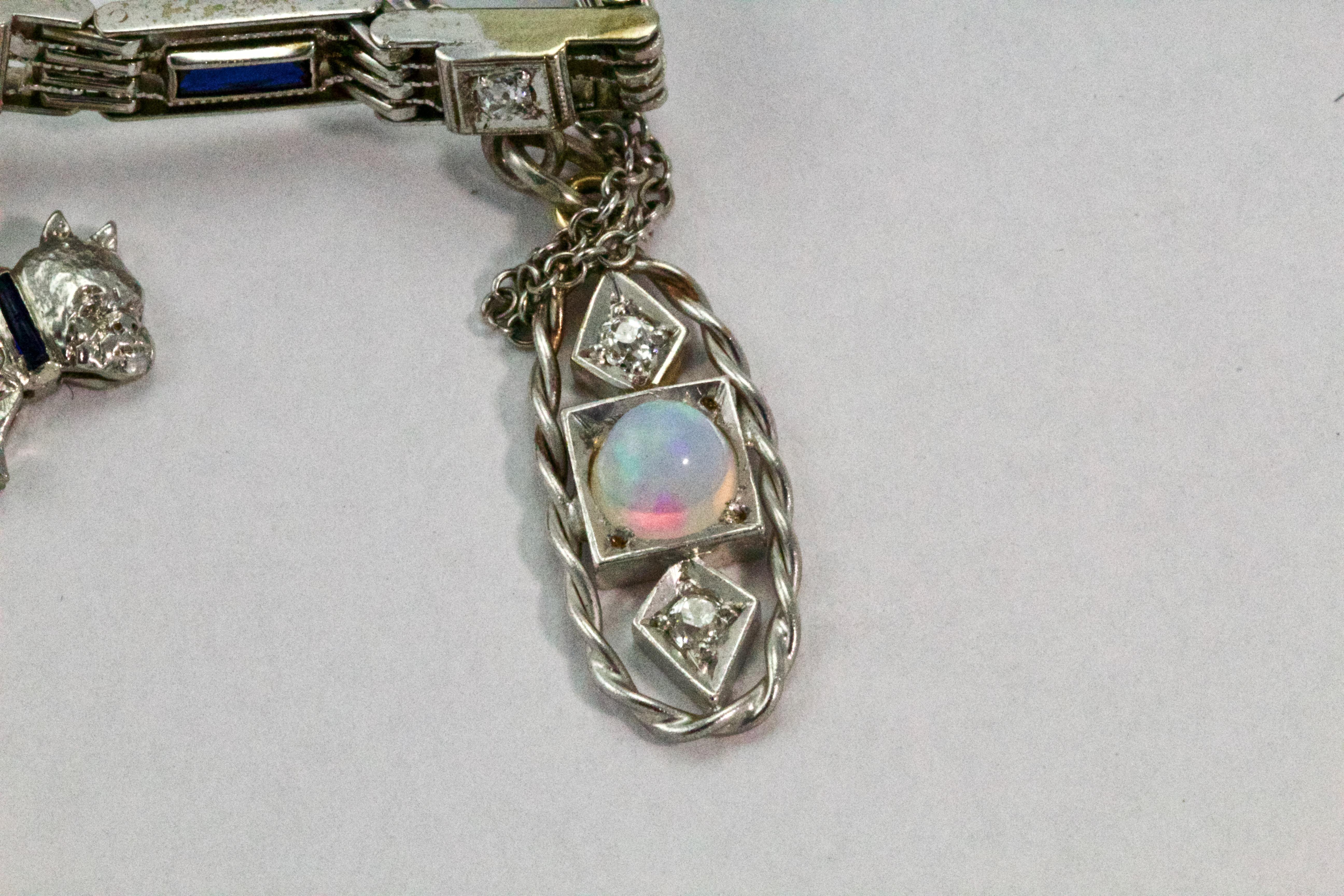 Art Deco Platinum Diamond Ruby Sapphire Opal Charm Bracelet 3