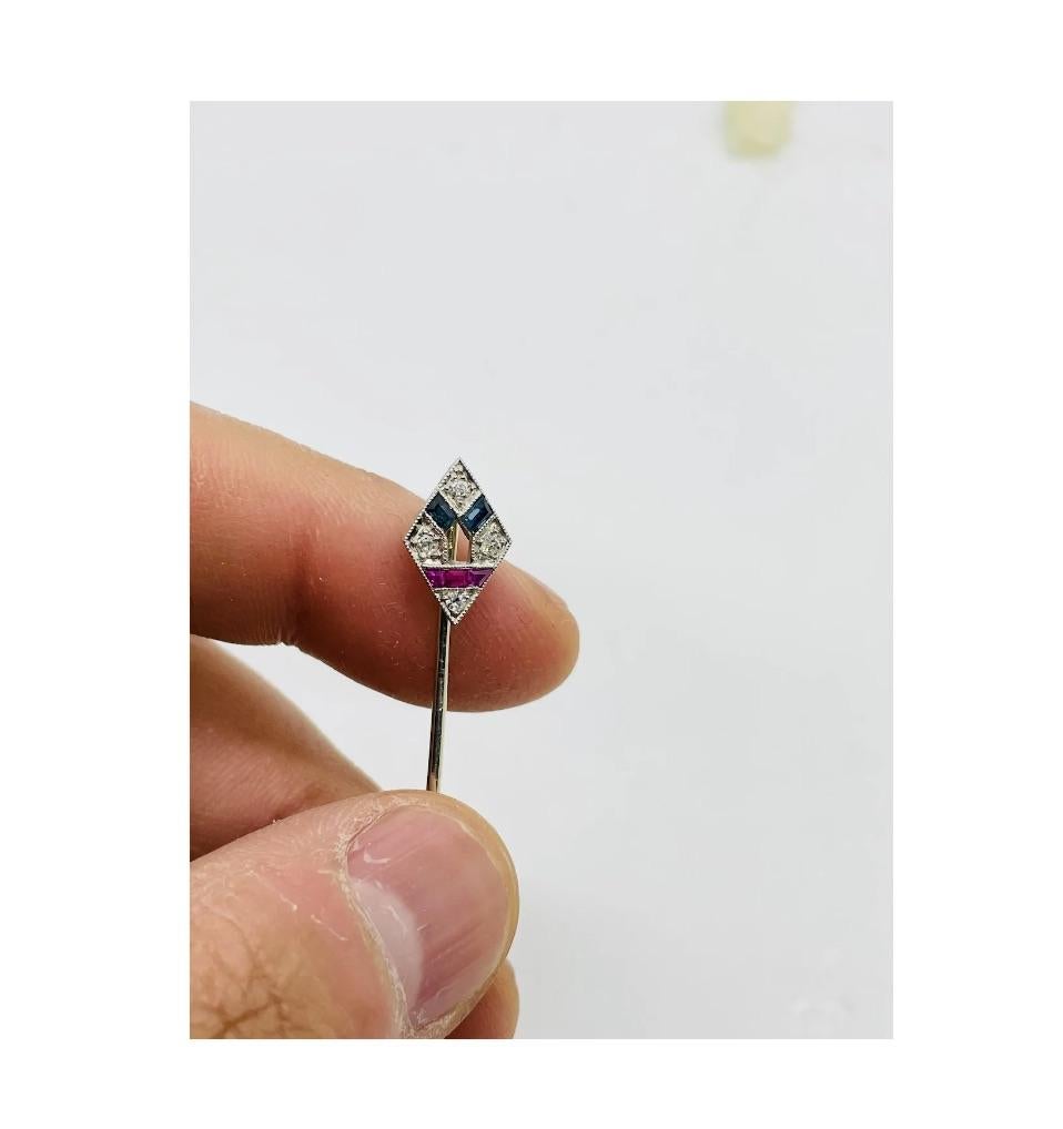 Art Deco Platinum Diamond Ruby Sapphire Stickpin For Sale 1