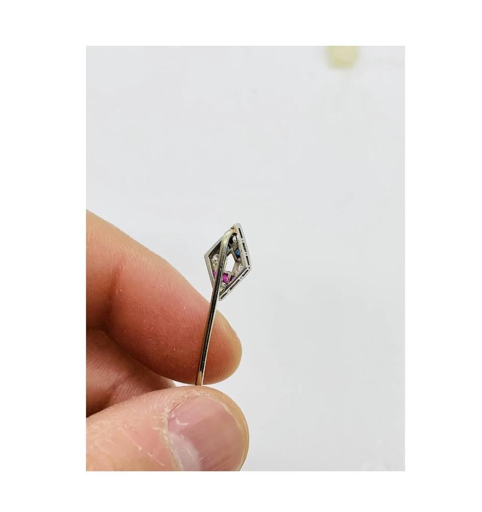 Art Deco Platinum Diamond Ruby Sapphire Stickpin For Sale 2