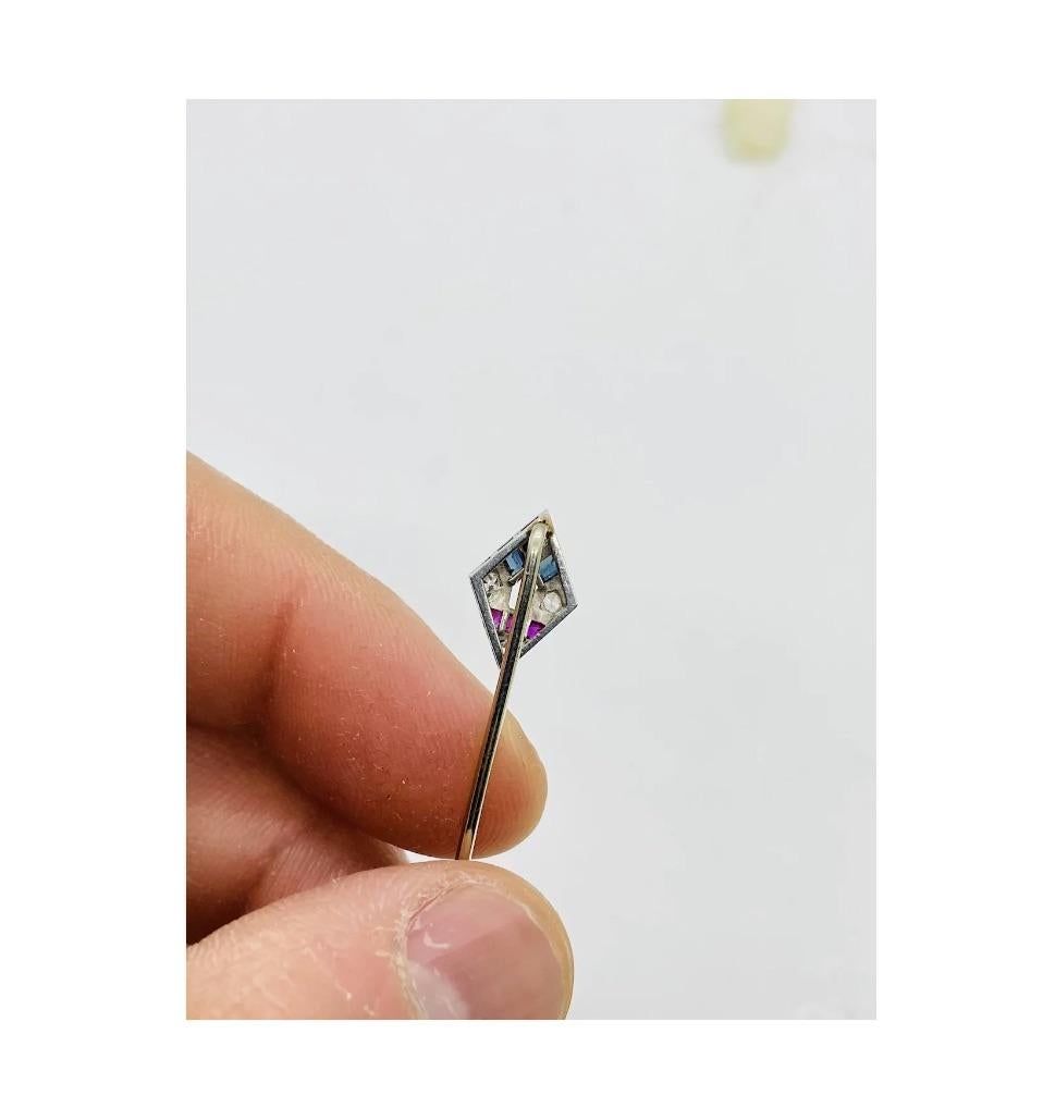 Art Deco Platinum Diamond Ruby Sapphire Stickpin For Sale 3