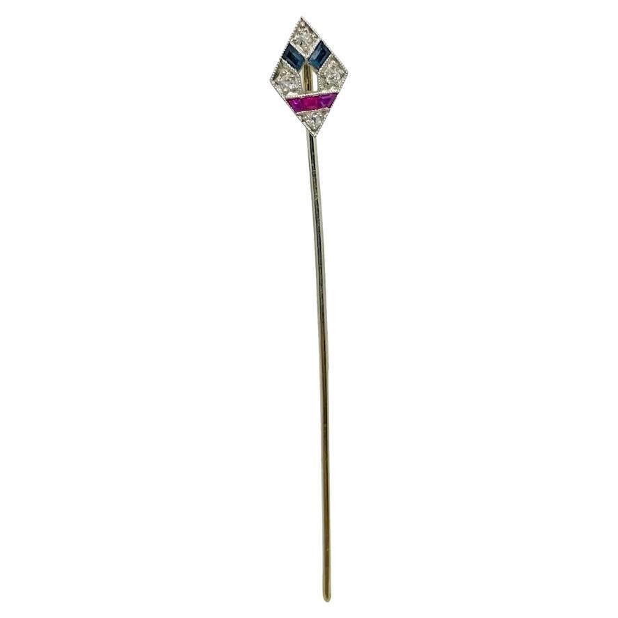 Art Deco Platinum Diamond Ruby Sapphire Stickpin For Sale
