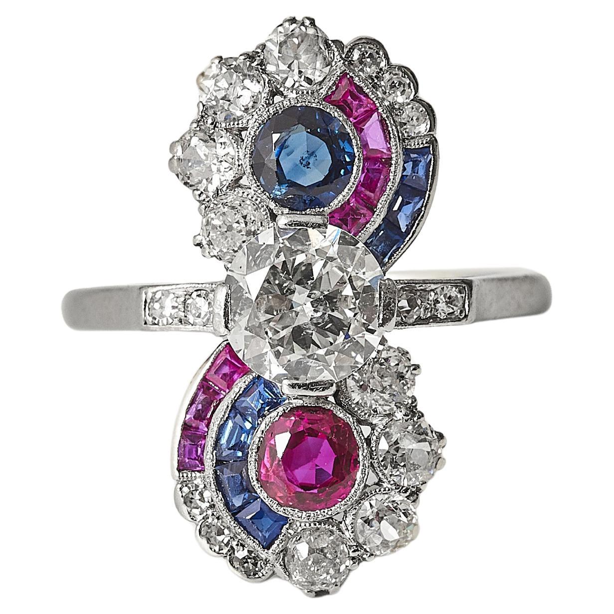Art Deco Platinum Diamond, Sapphire and Ruby infinity Ring, c. 1920s–30.