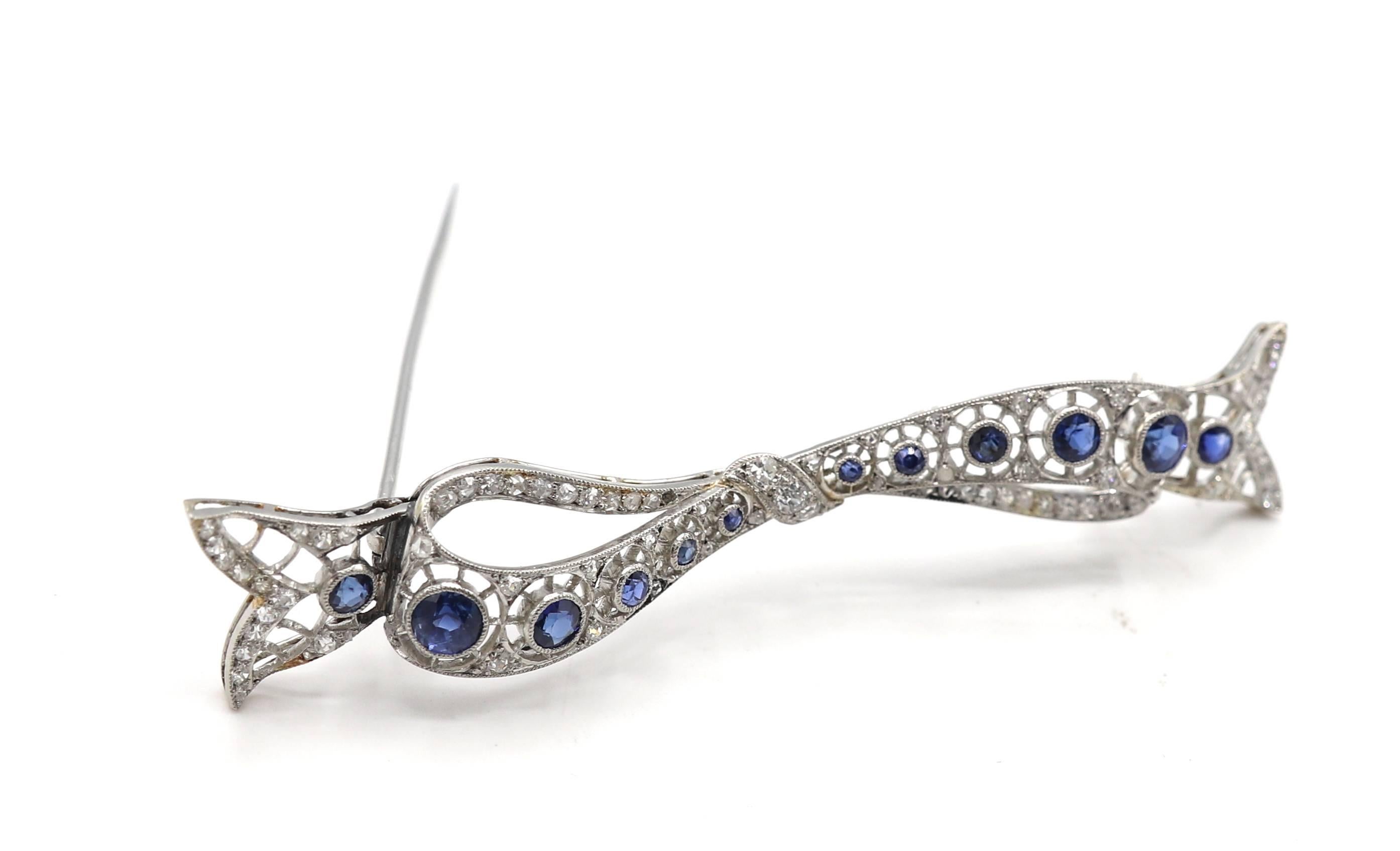 Art Deco Platinum Natural Diamond & Sapphire Bow Brooch Pin In Good Condition For Sale In  Baltimore, MD