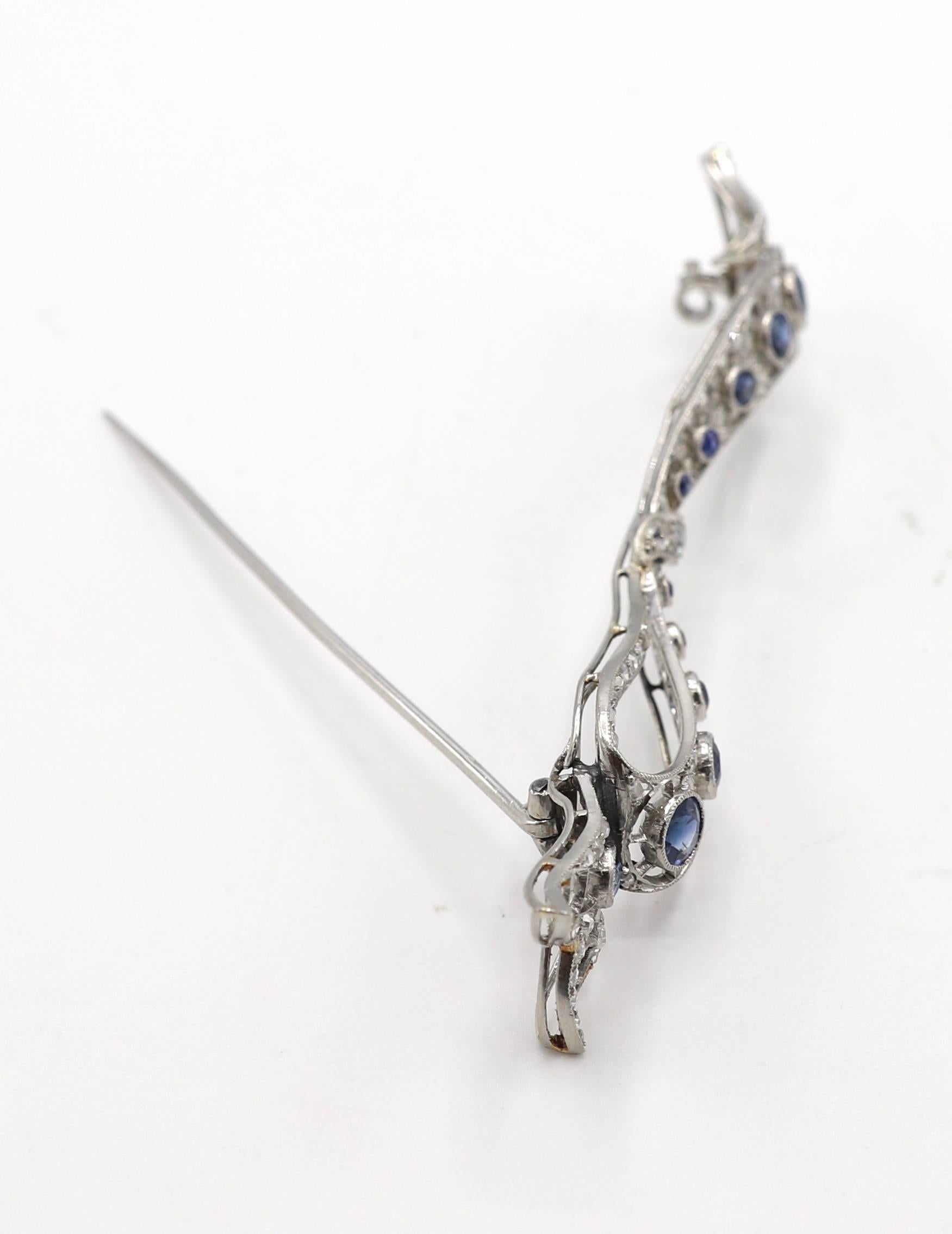 Art Deco Platinum Natural Diamond & Sapphire Bow Brooch Pin For Sale 1