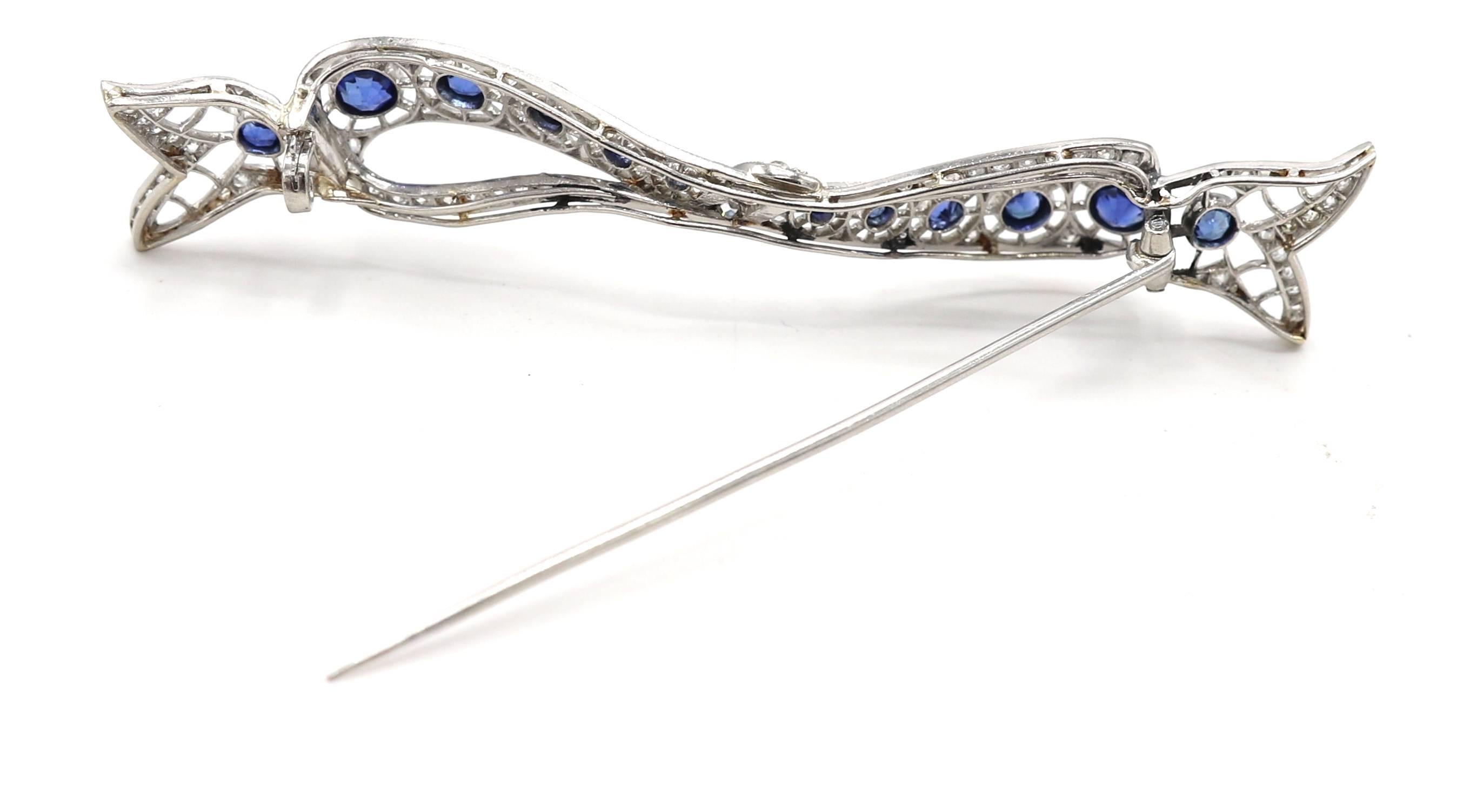 Art Deco Platinum Natural Diamond & Sapphire Bow Brooch Pin For Sale 2