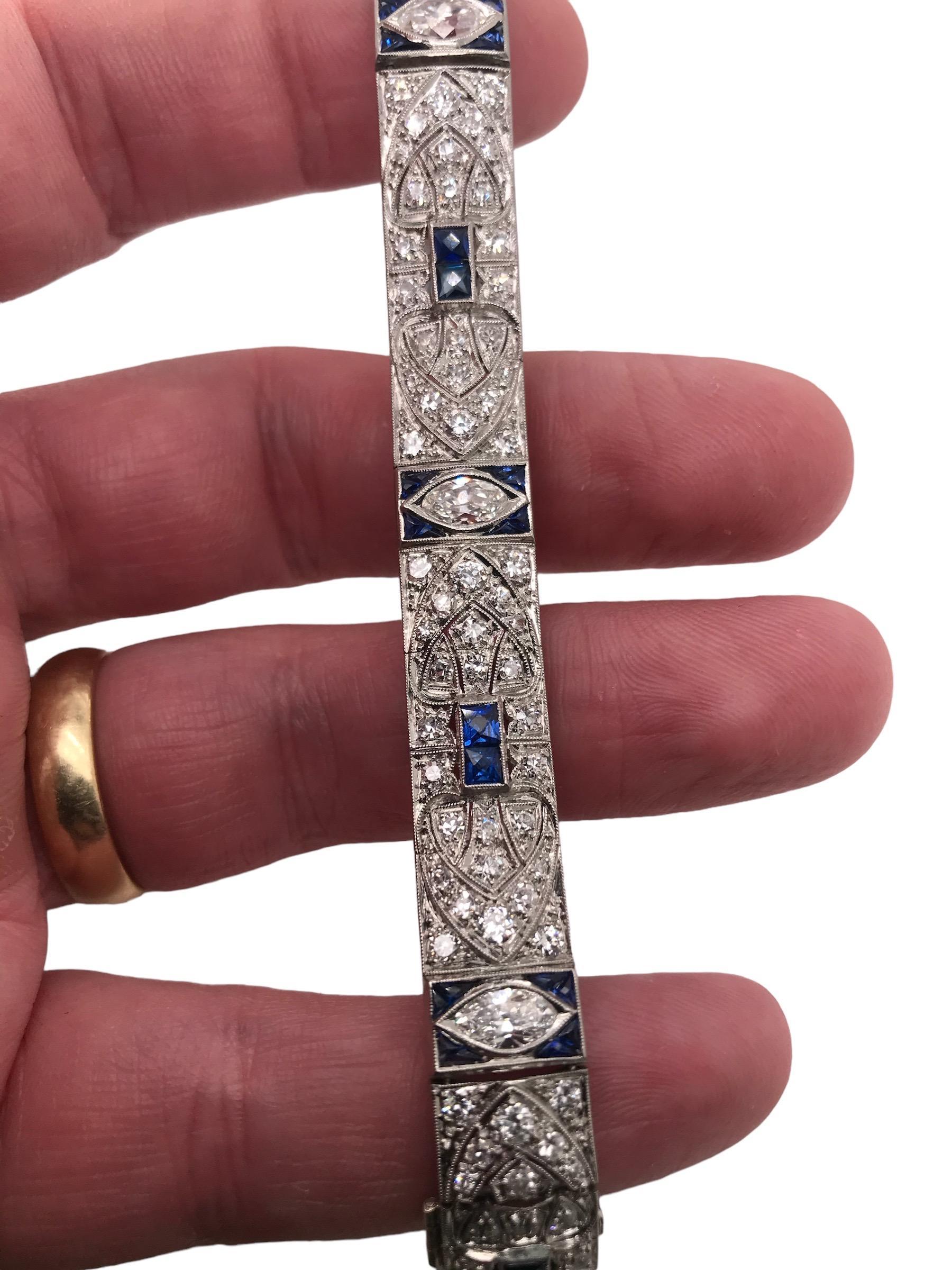 Art Deco Platinum Diamond & Sapphire Bracelet 5.5 Carats For Sale 5