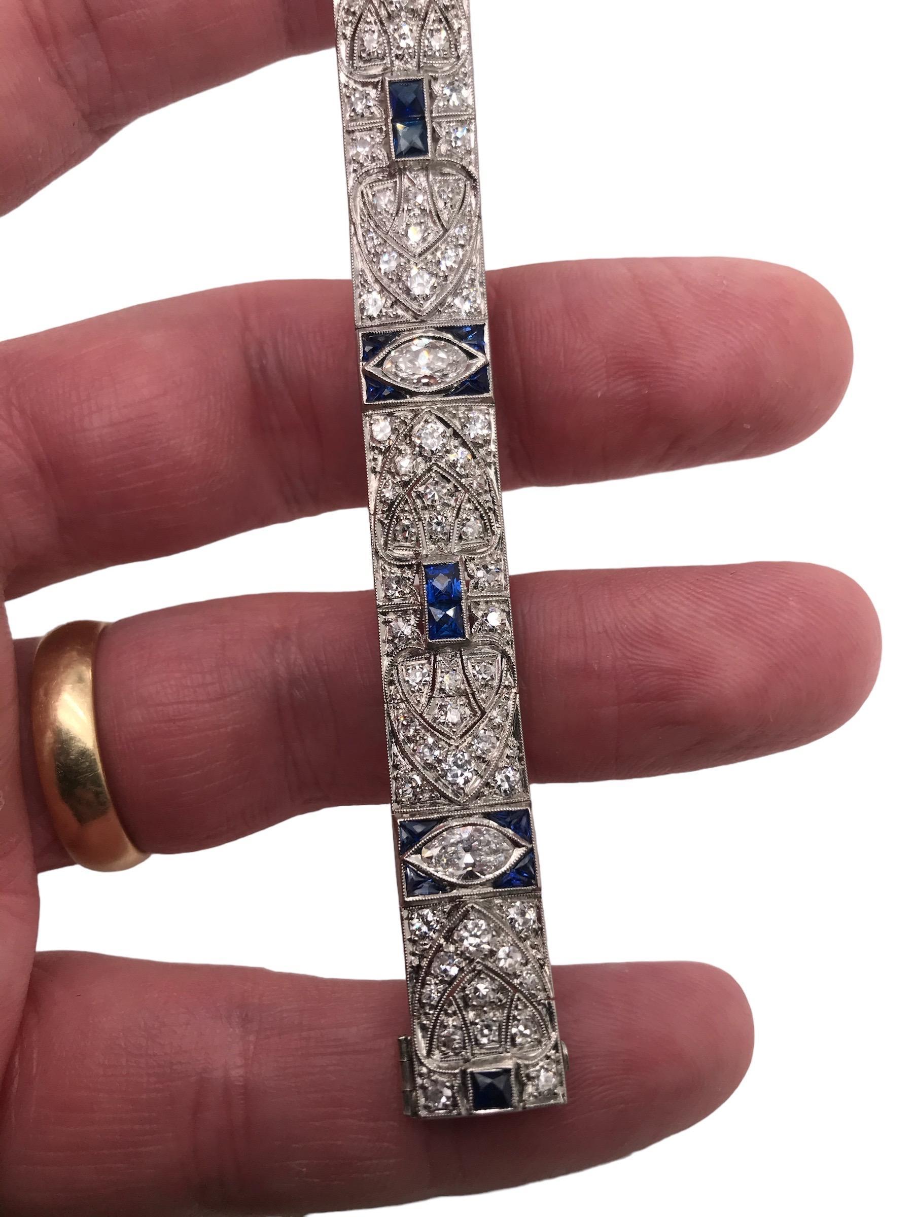 Art Deco Platinum Diamond & Sapphire Bracelet 5.5 Carats For Sale 6