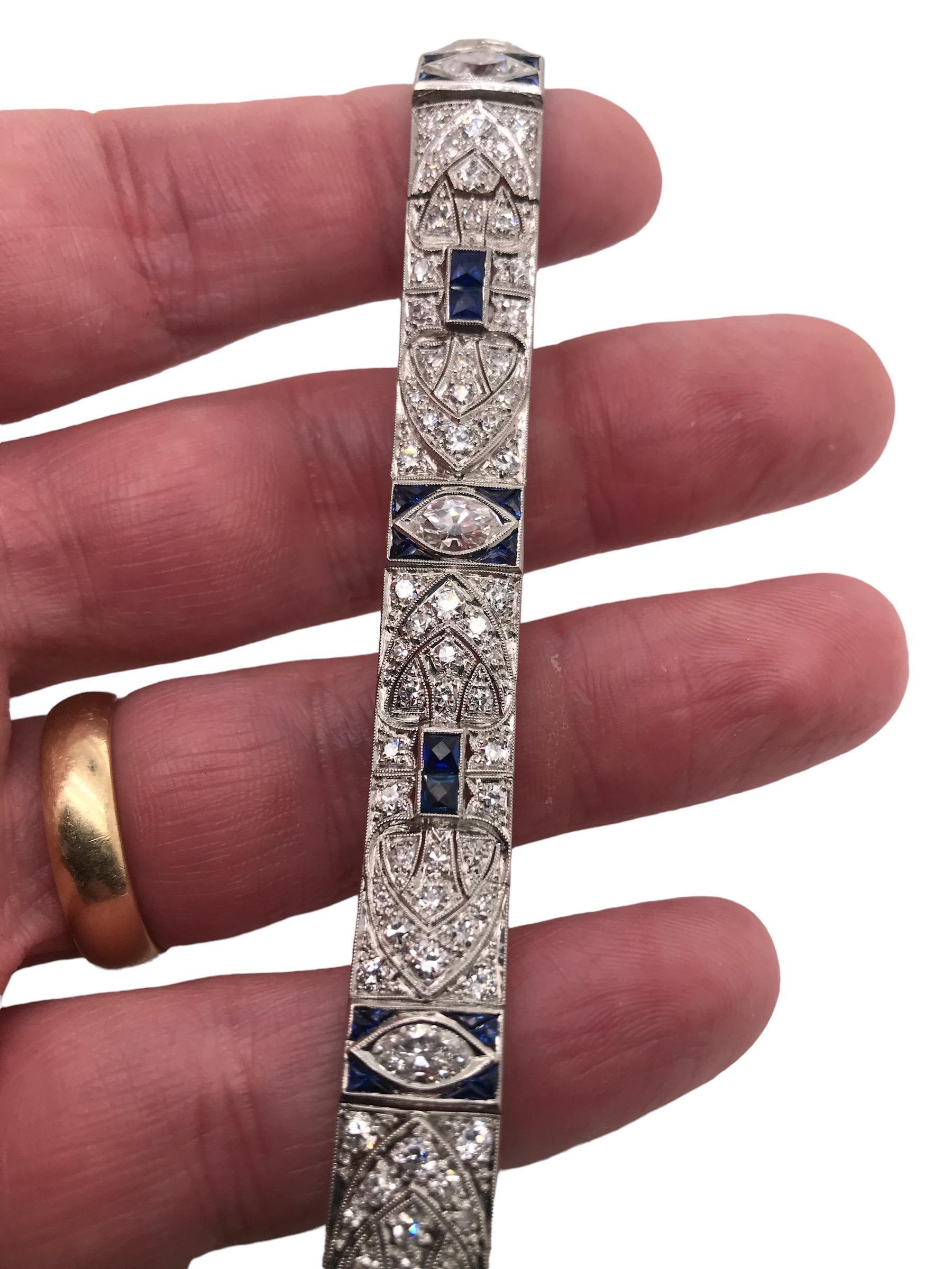 Art Deco Platinum Diamond & Sapphire Bracelet 5.5 Carats For Sale 7