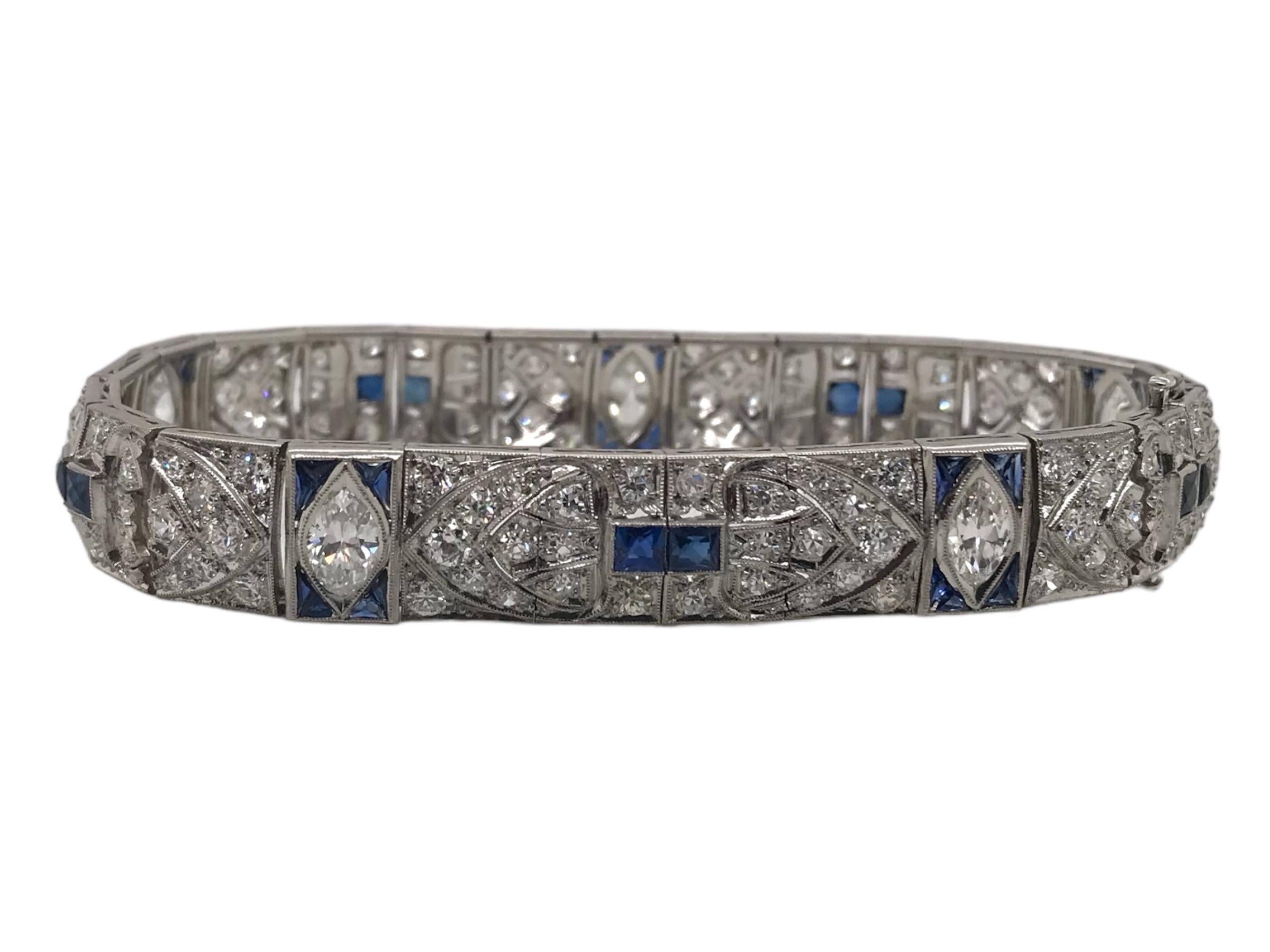 Marquise Cut Art Deco Platinum Diamond & Sapphire Bracelet 5.5 Carats For Sale