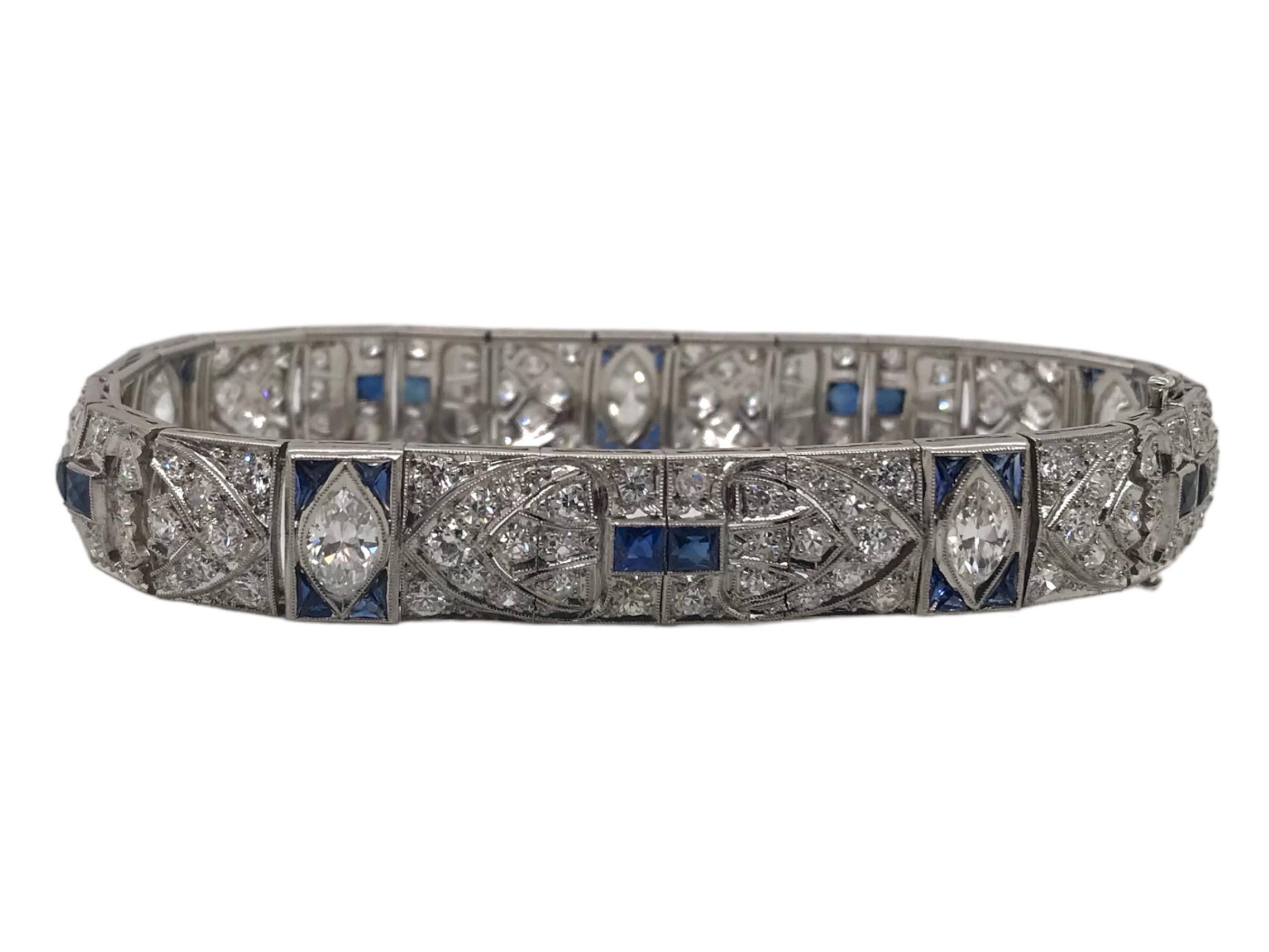 Marquise Cut Art Deco Platinum Diamond & Sapphire Bracelet 5.5 Carats