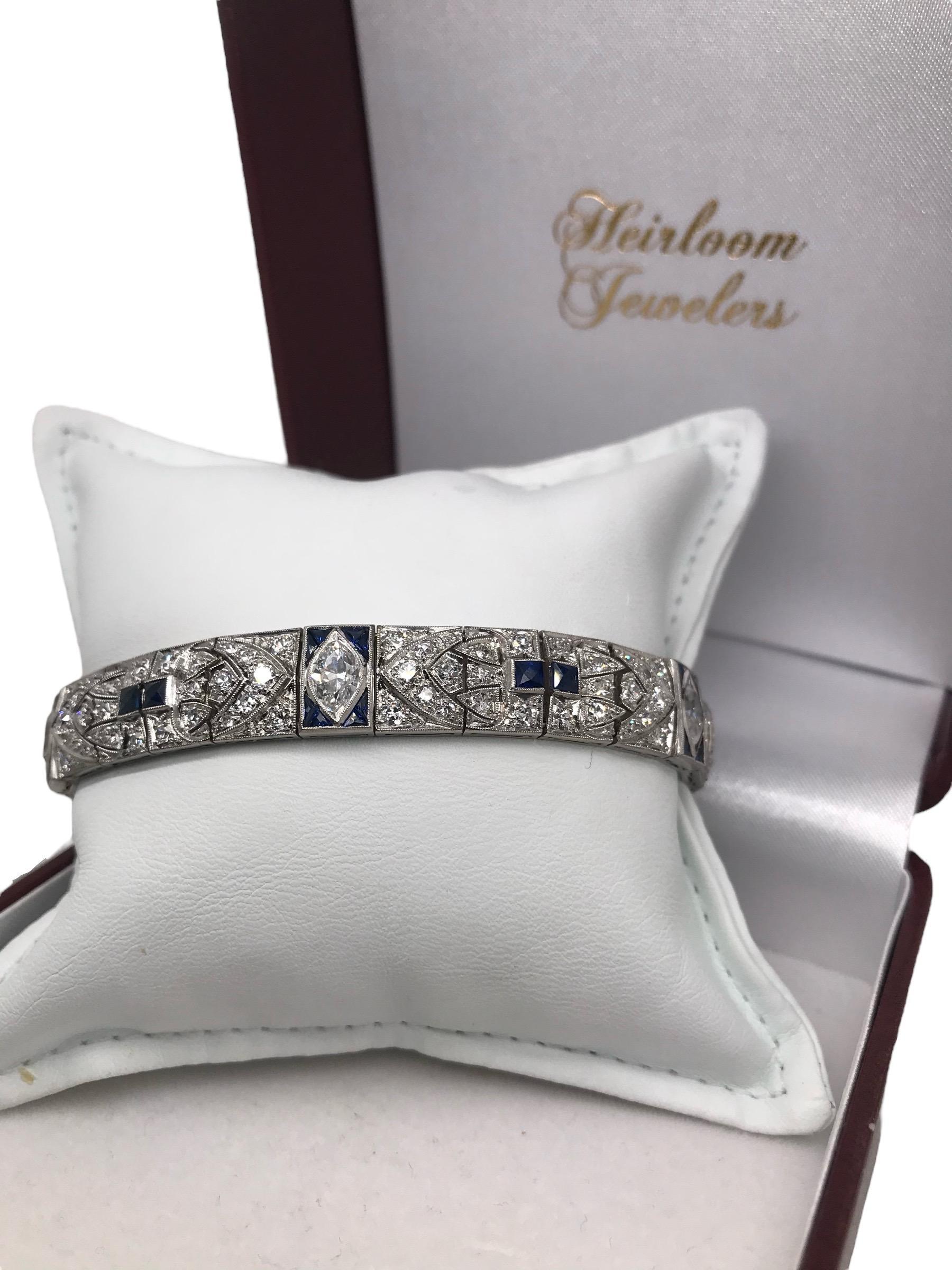 Art Deco Platinum Diamond & Sapphire Bracelet 5.5 Carats In Good Condition For Sale In Montgomery, AL