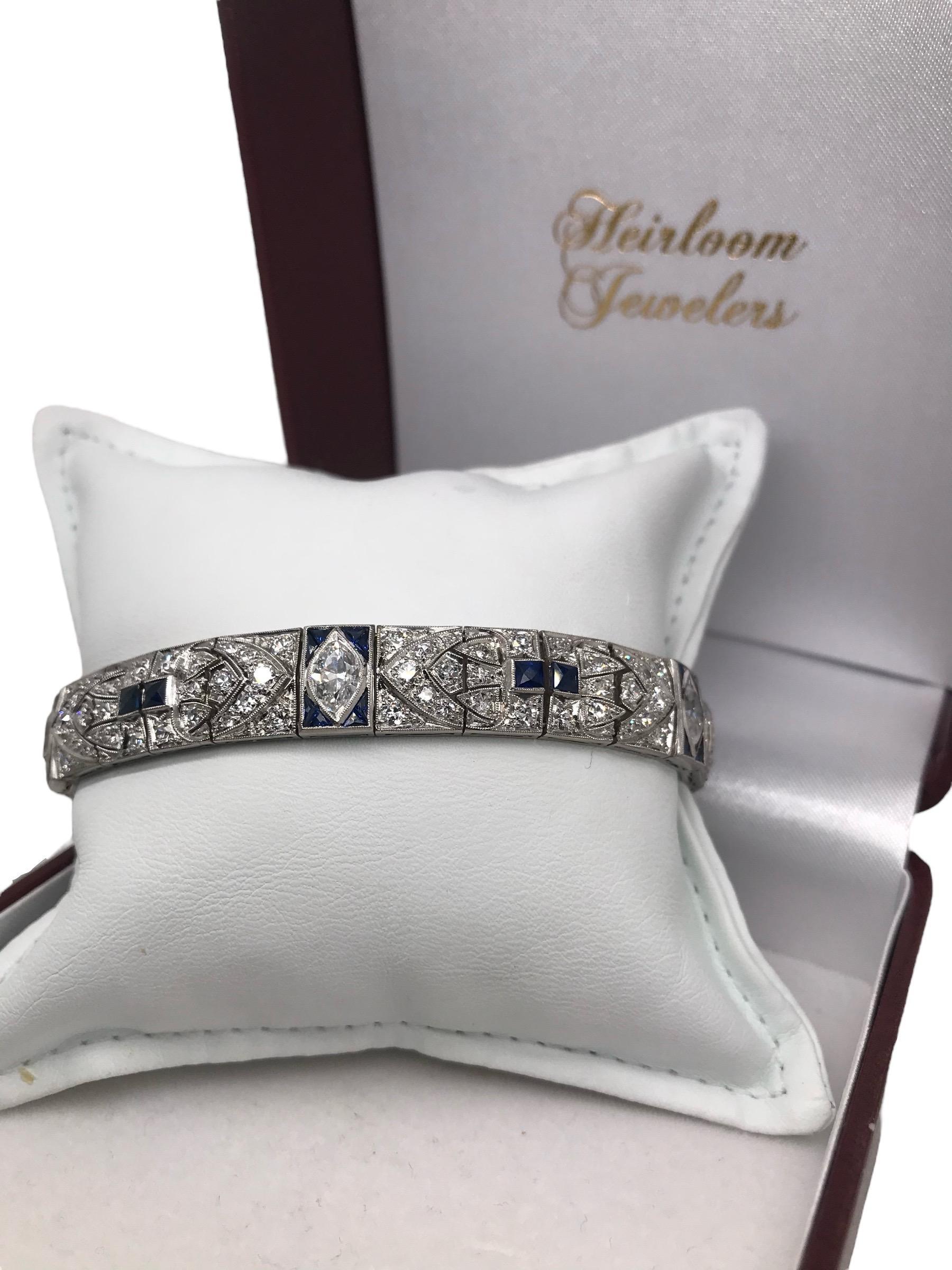 Art Deco Platinum Diamond & Sapphire Bracelet 5.5 Carats In Good Condition In Montgomery, AL