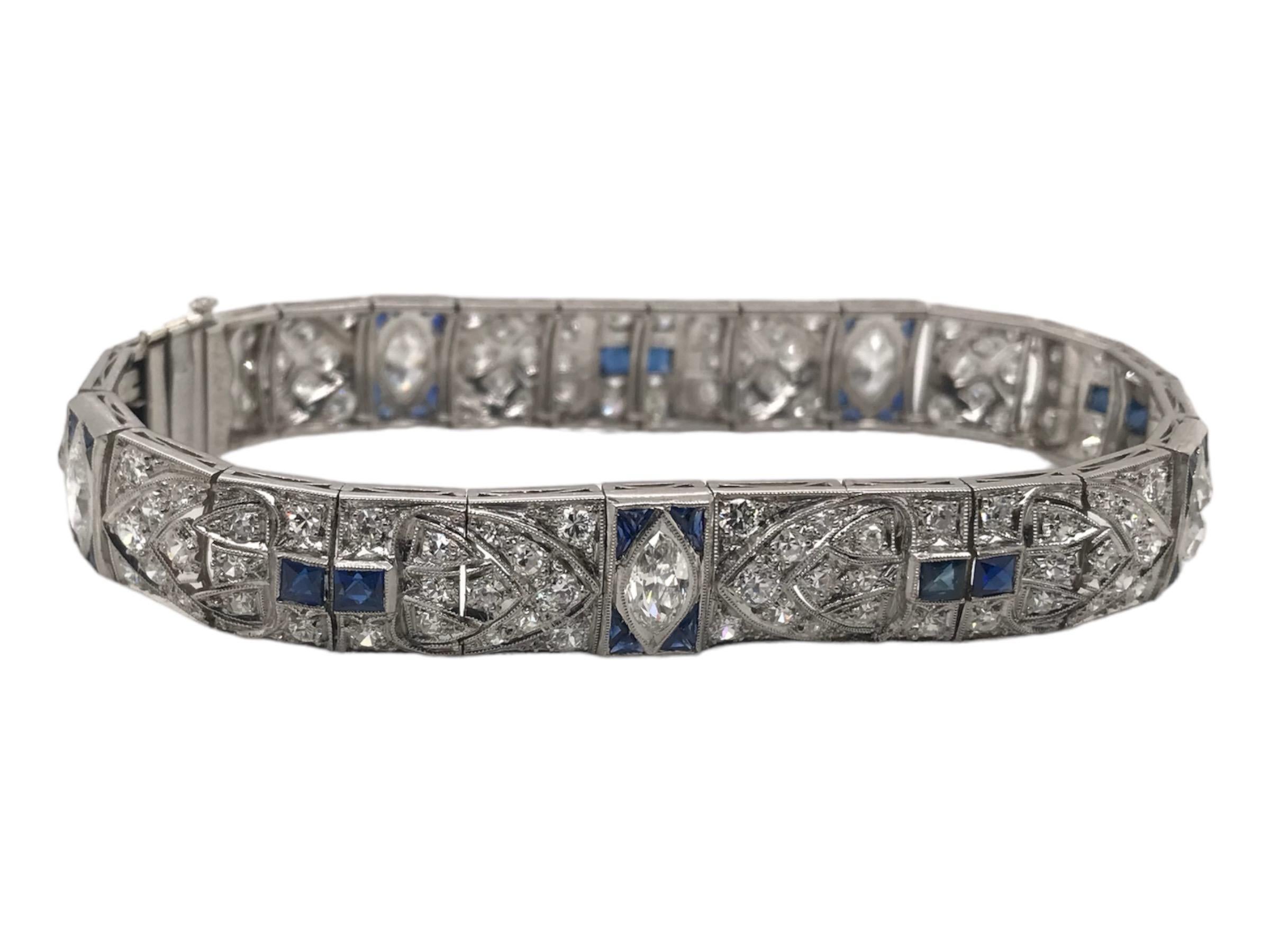 Women's Art Deco Platinum Diamond & Sapphire Bracelet 5.5 Carats For Sale