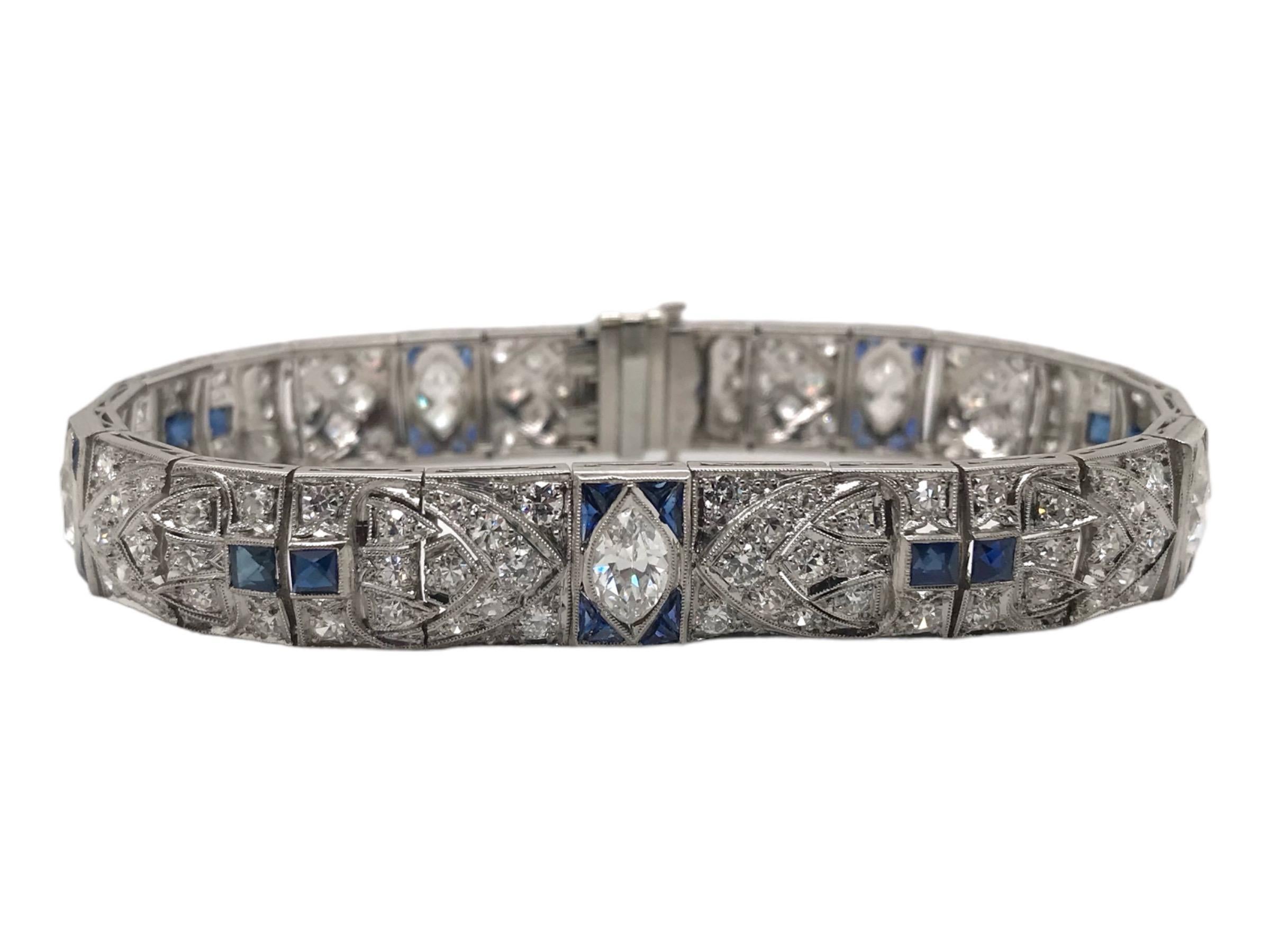 Art Deco Platinum Diamond & Sapphire Bracelet 5.5 Carats For Sale 1