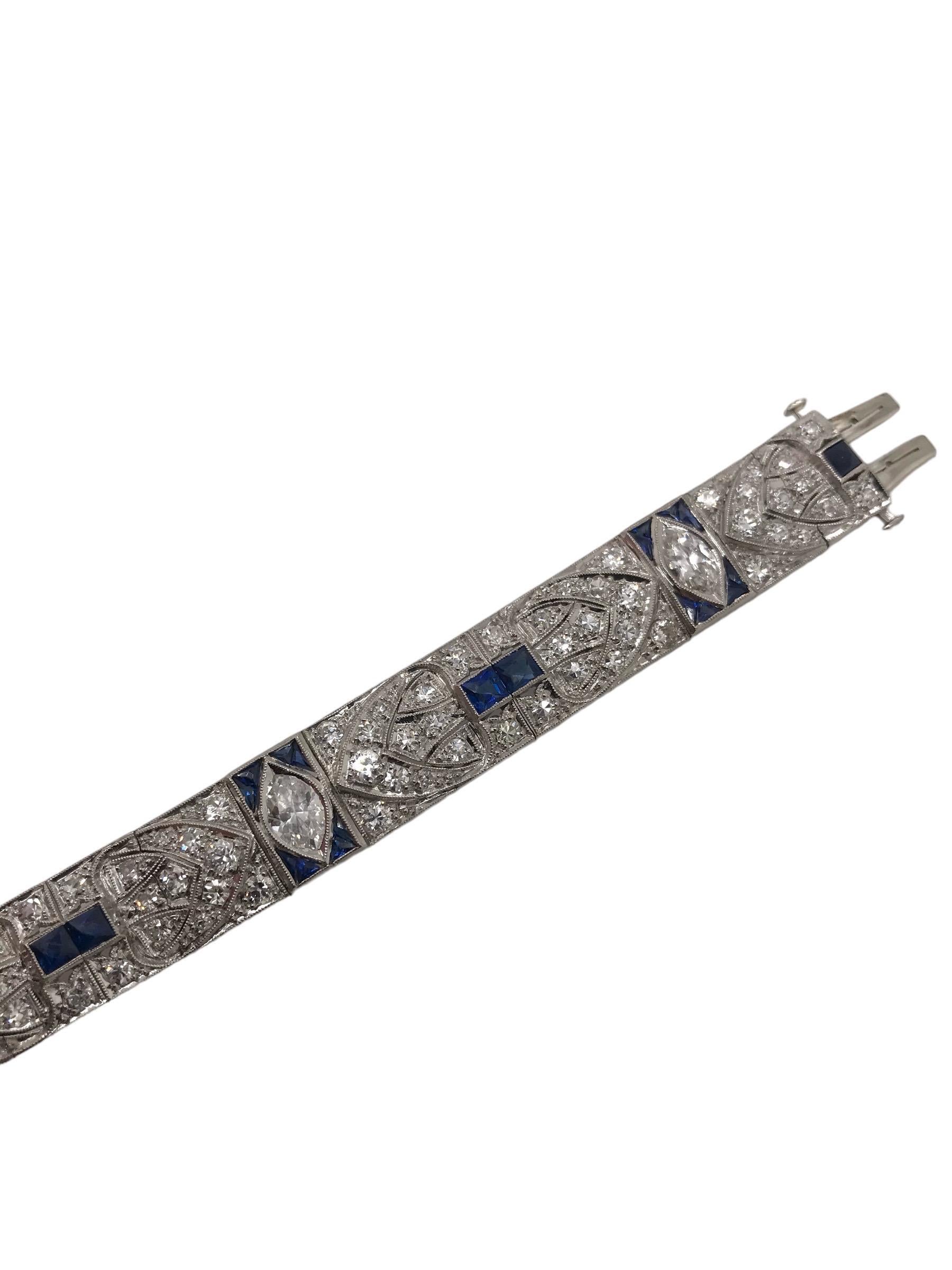 Art Deco Platinum Diamond & Sapphire Bracelet 5.5 Carats For Sale 2