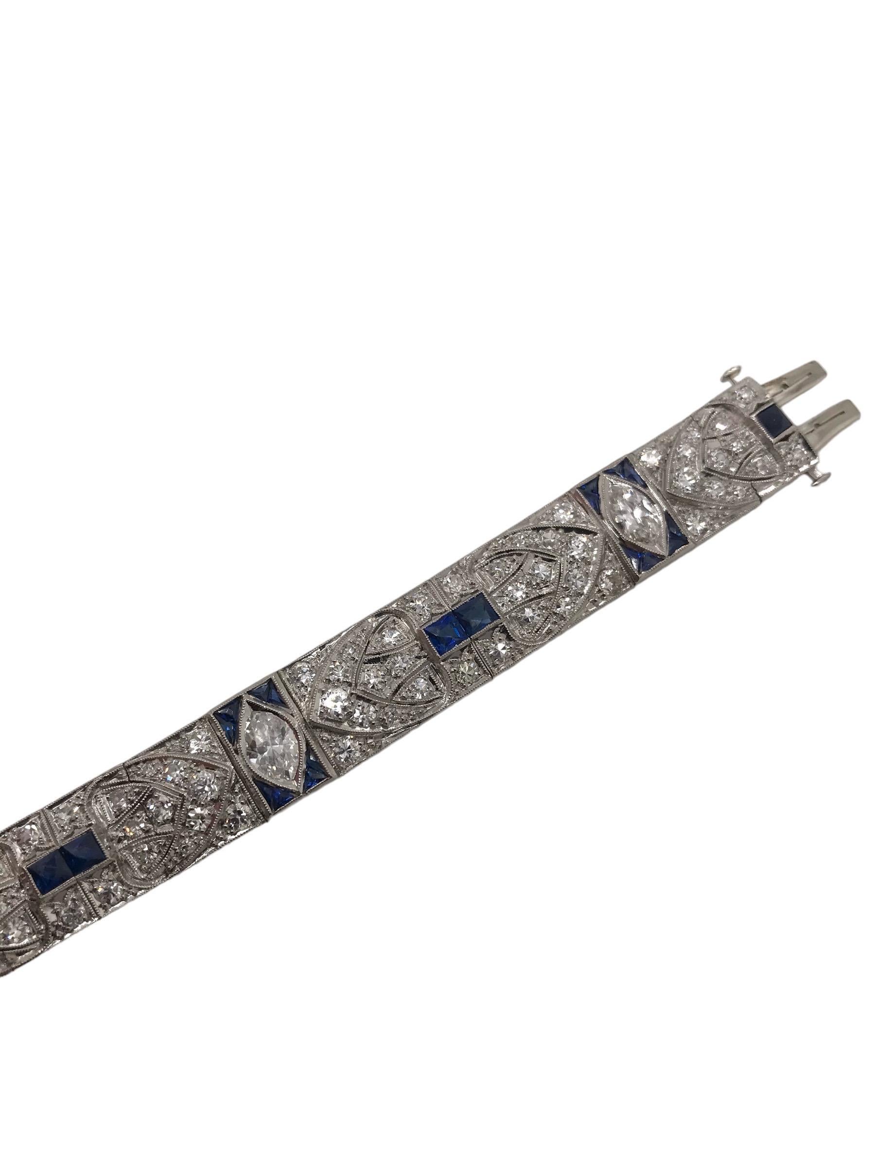 Art Deco Platinum Diamond & Sapphire Bracelet 5.5 Carats 2