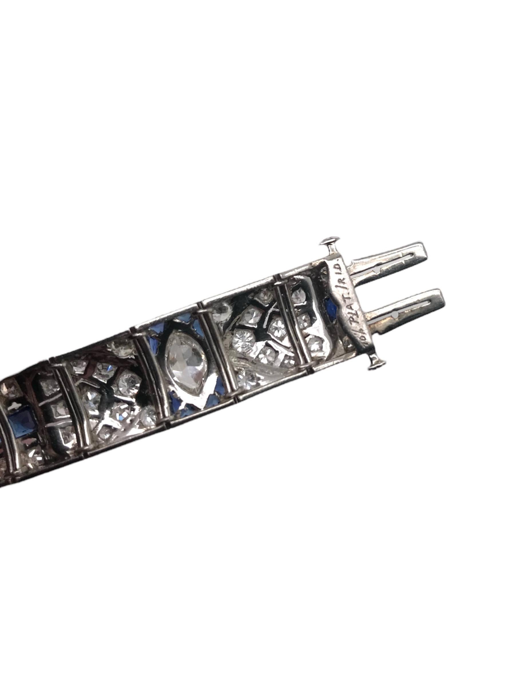 Art Deco Platinum Diamond & Sapphire Bracelet 5.5 Carats For Sale 3