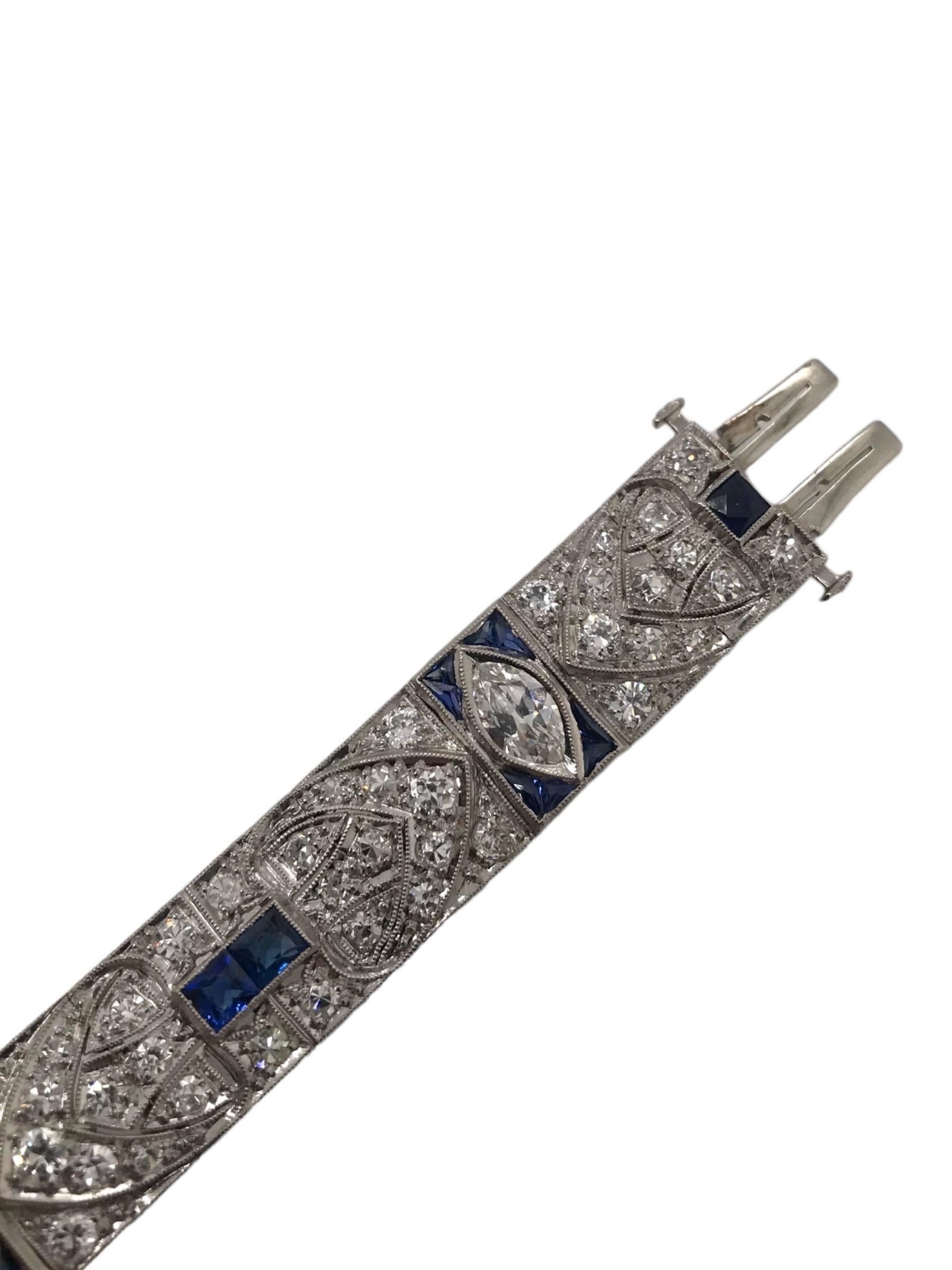 Art Deco Platinum Diamond & Sapphire Bracelet 5.5 Carats For Sale 4