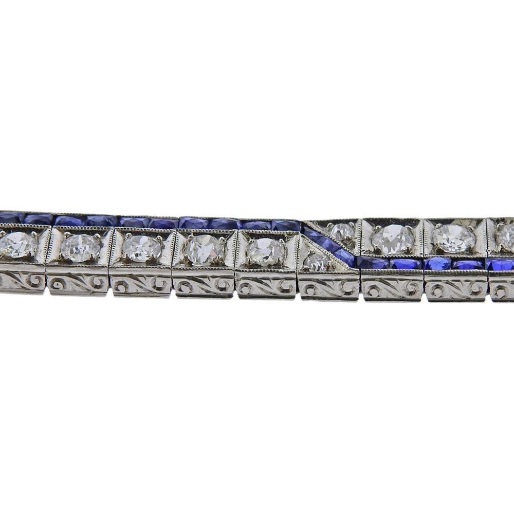 Round Cut Art Deco Platinum Diamond Sapphire Bracelet For Sale