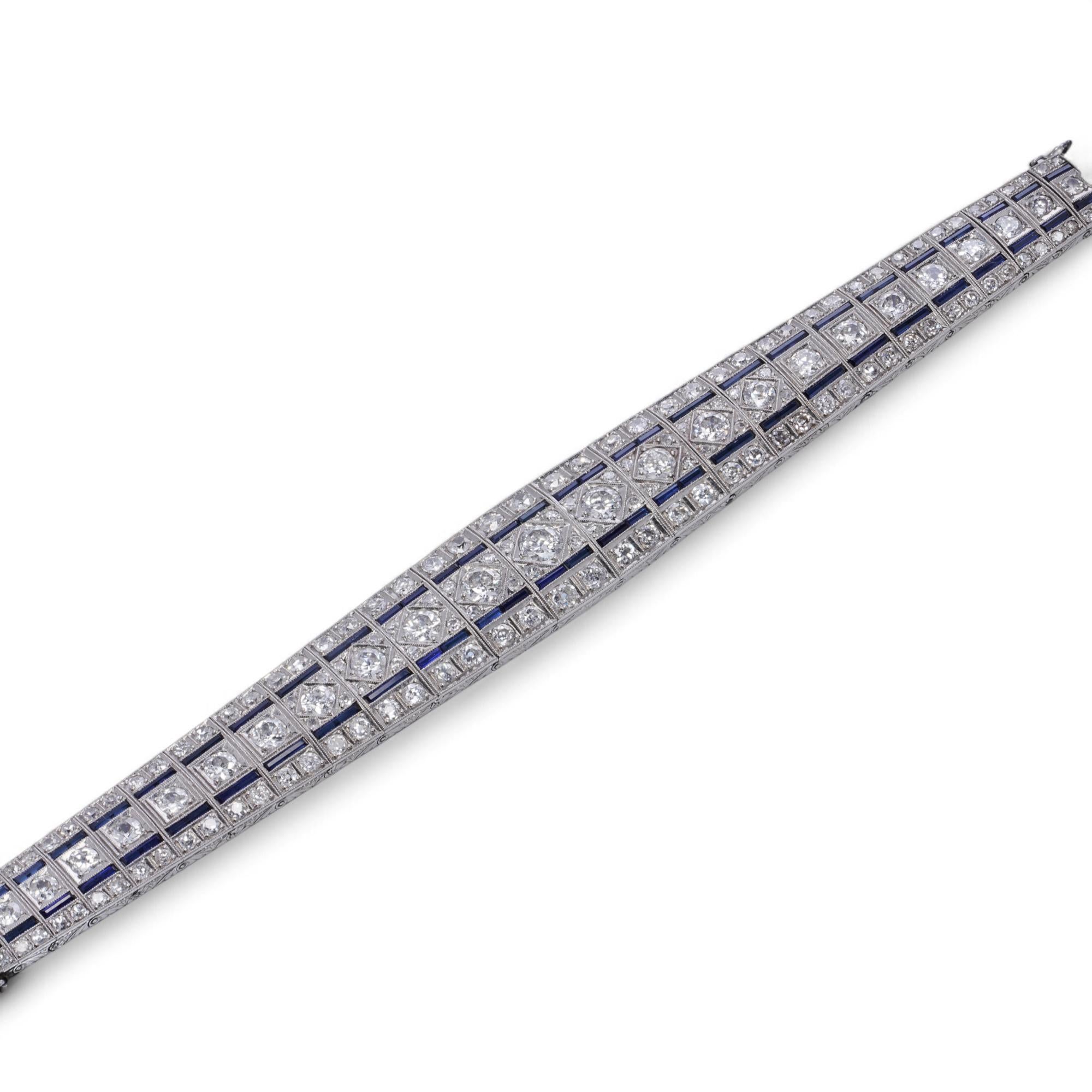 Baguette Cut Art Deco Platinum Diamond & Sapphire Bracelet For Sale