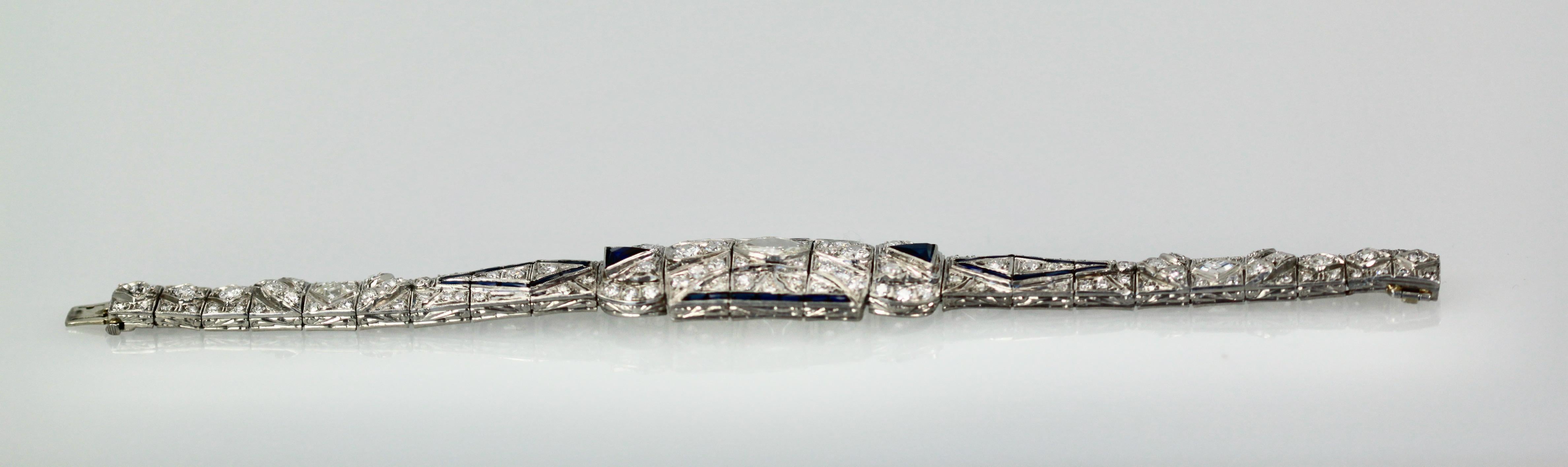 Art Deco Platinum Diamond Sapphire Bracelet In Good Condition For Sale In North Hollywood, CA
