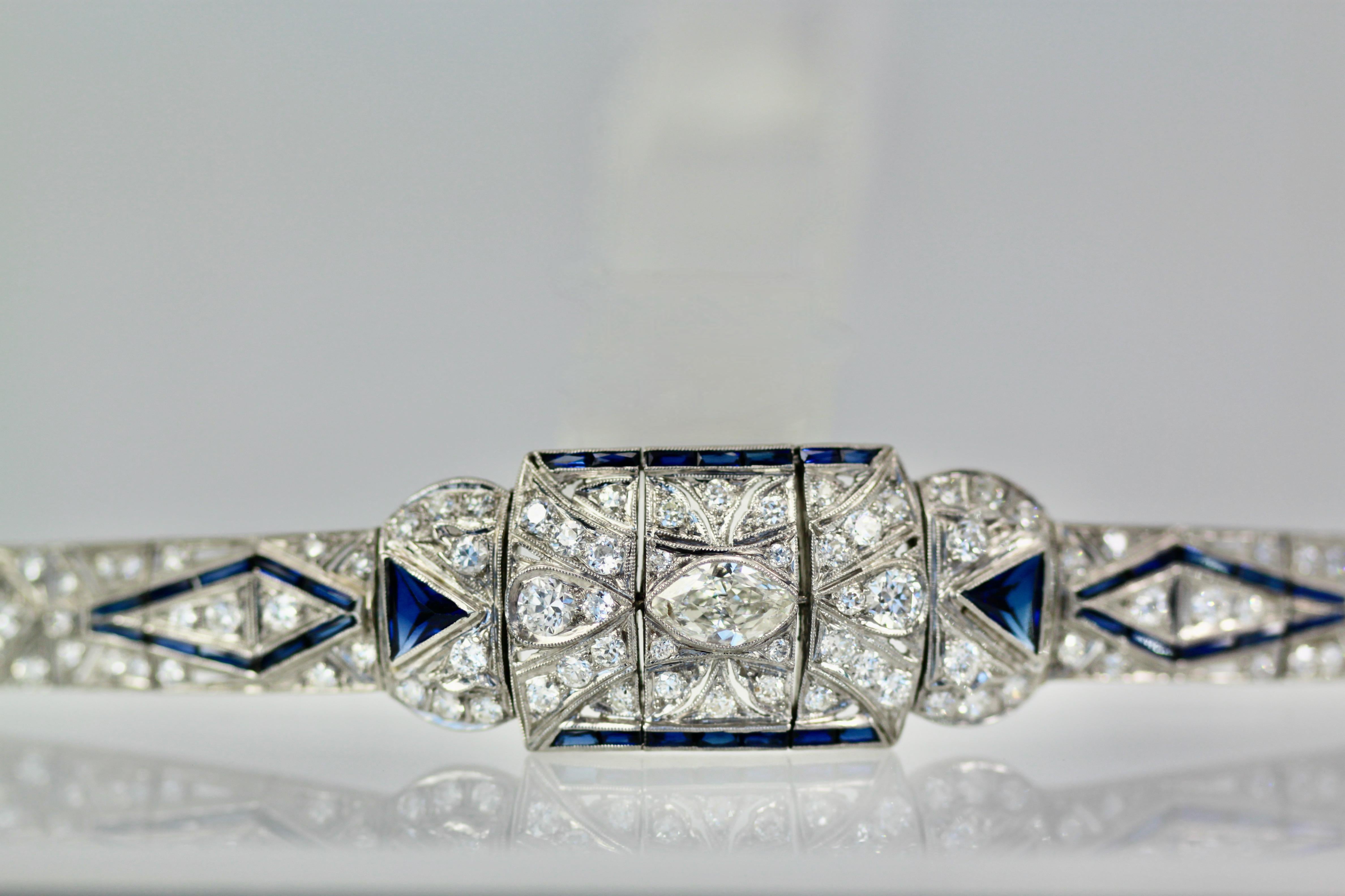 Art Deco Platinum Diamond Sapphire Bracelet For Sale 1