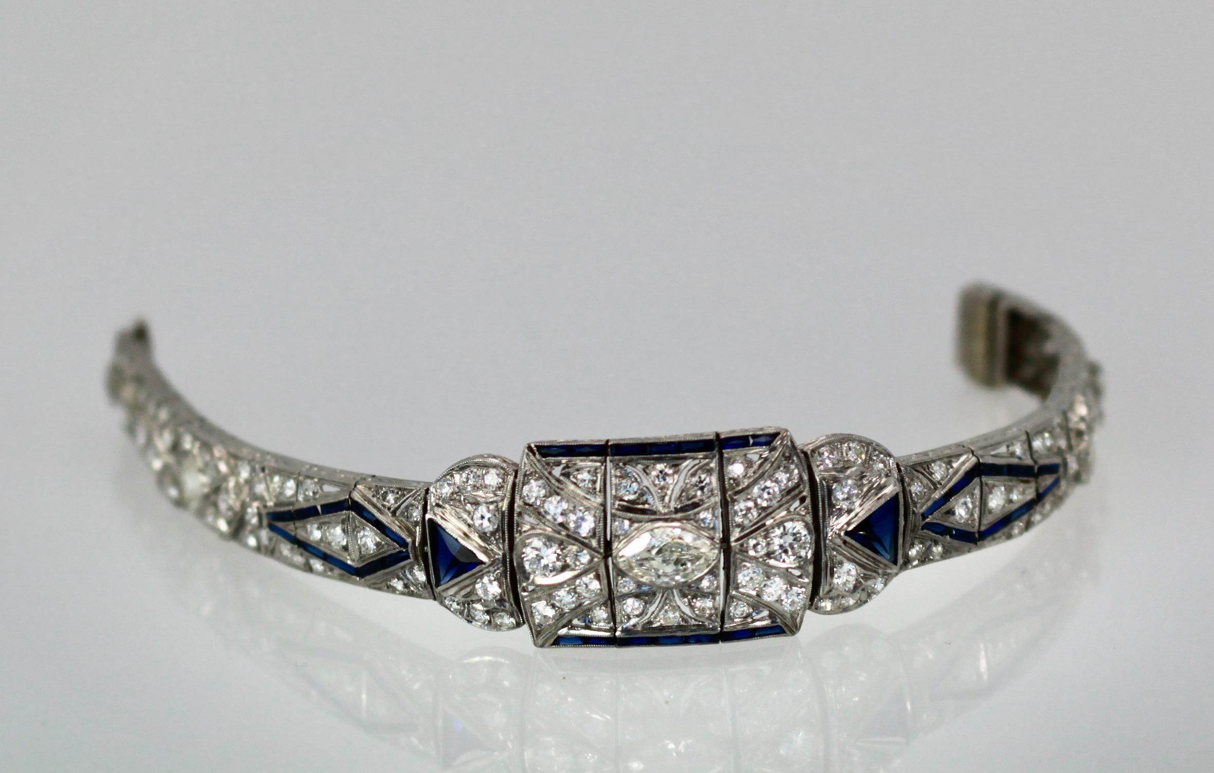 Art Deco Platinum Diamond Sapphire Bracelet For Sale 2