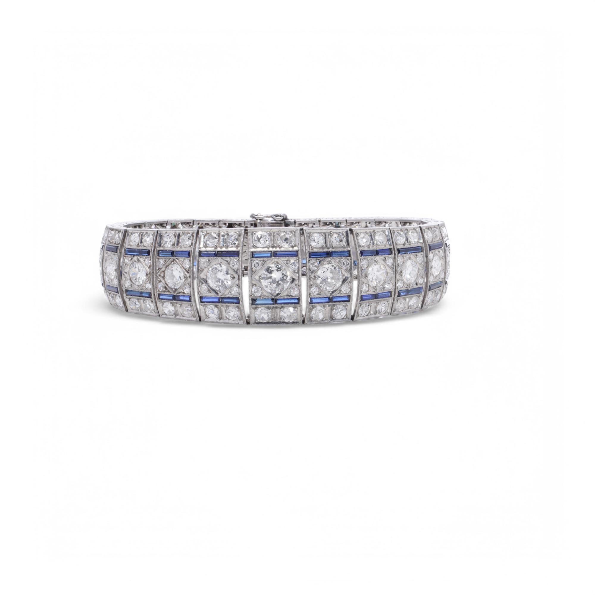 Art Deco Platinum Diamond & Sapphire Bracelet For Sale 2
