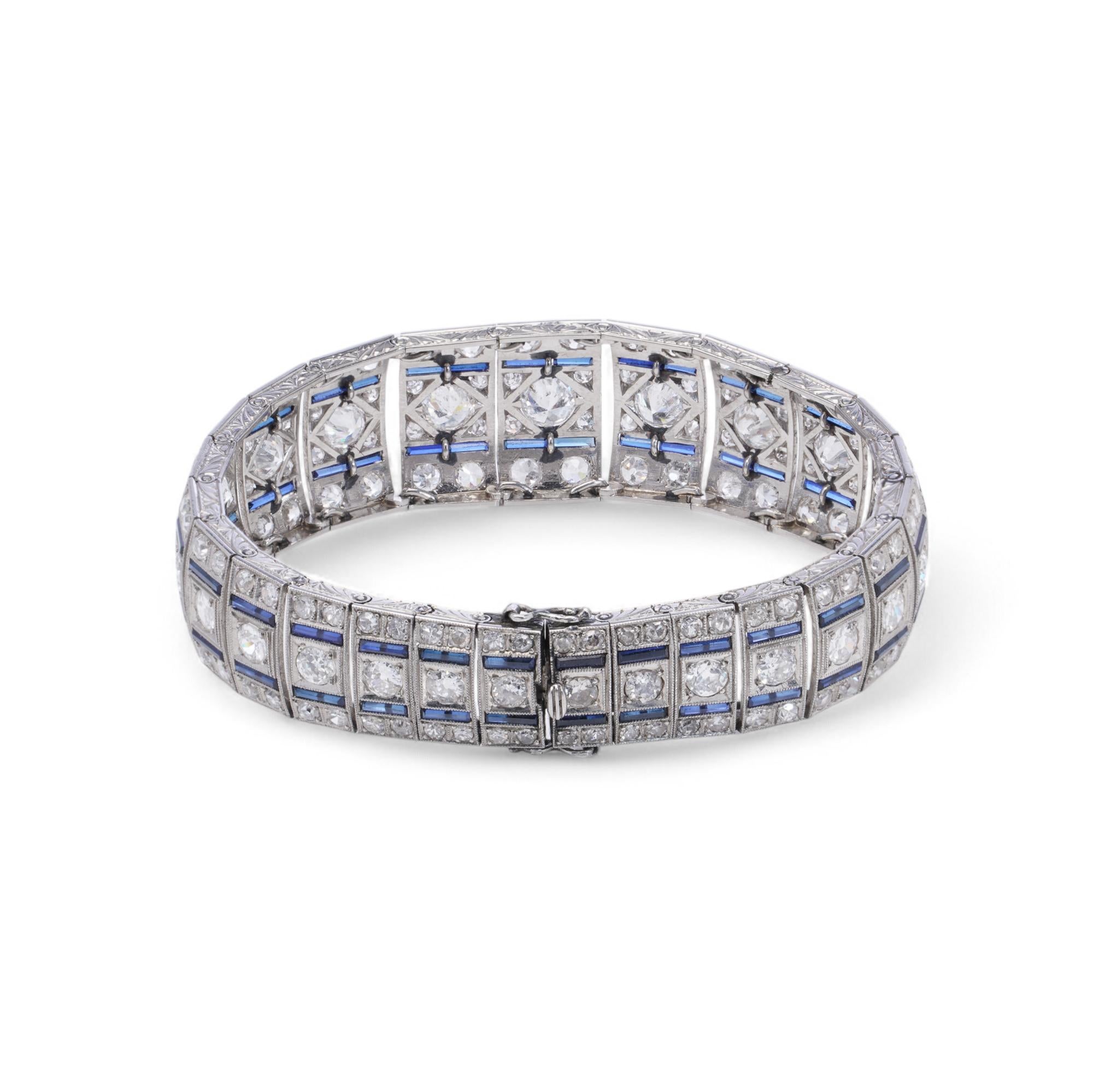 Art Deco Platinum Diamond & Sapphire Bracelet For Sale 3