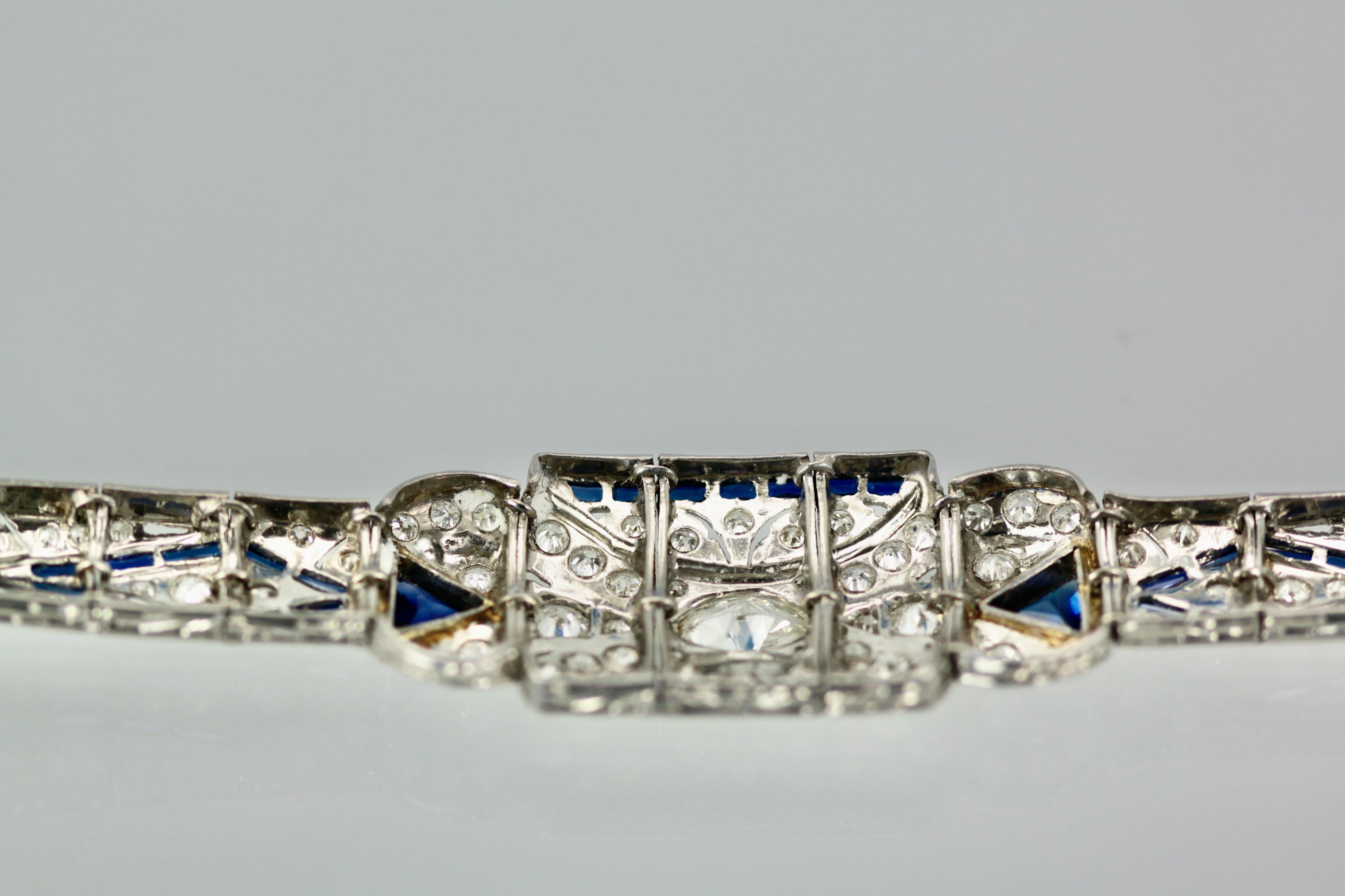 Art Deco Platinum Diamond Sapphire Bracelet For Sale 4