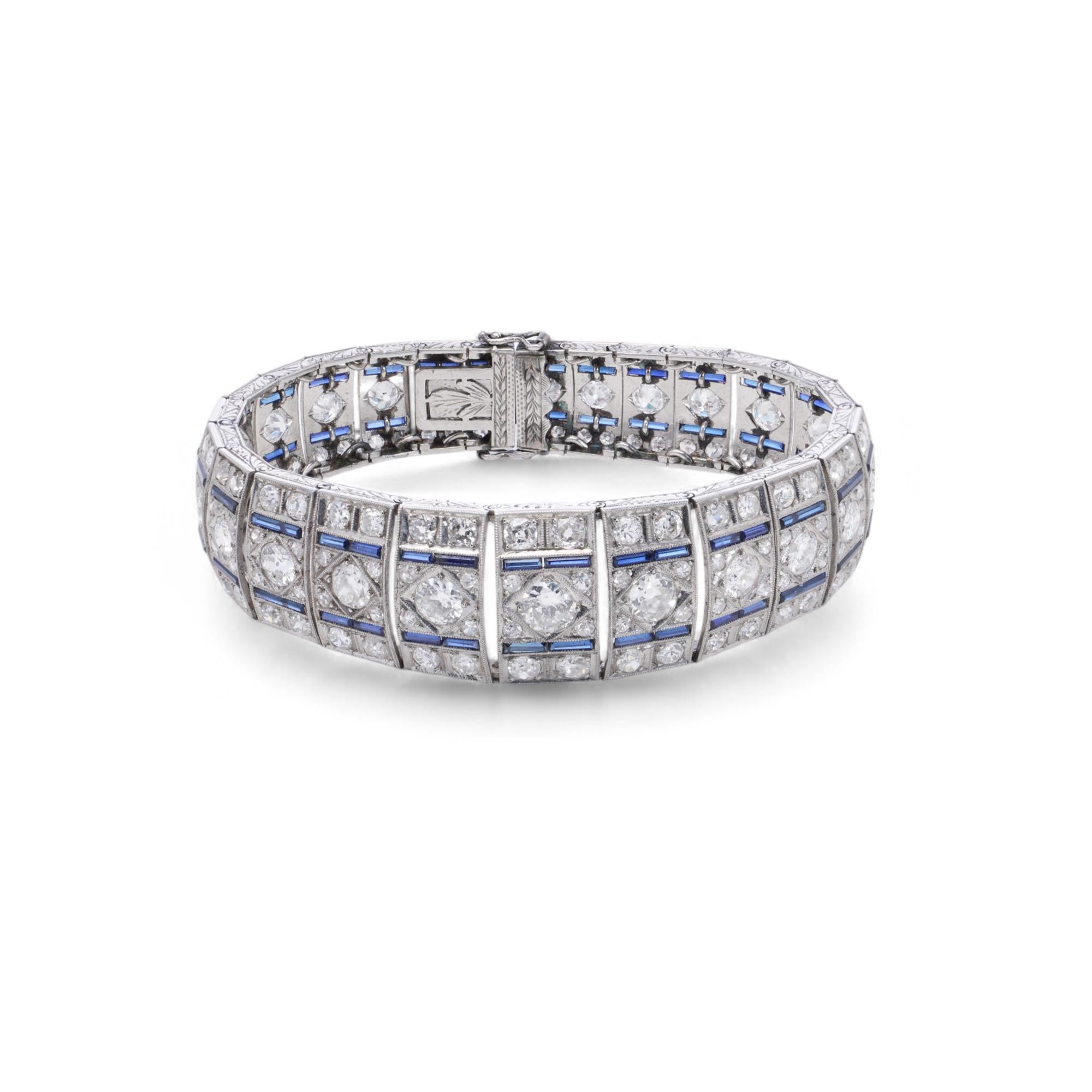 Art Deco Platinum Diamond & Sapphire Bracelet For Sale 4