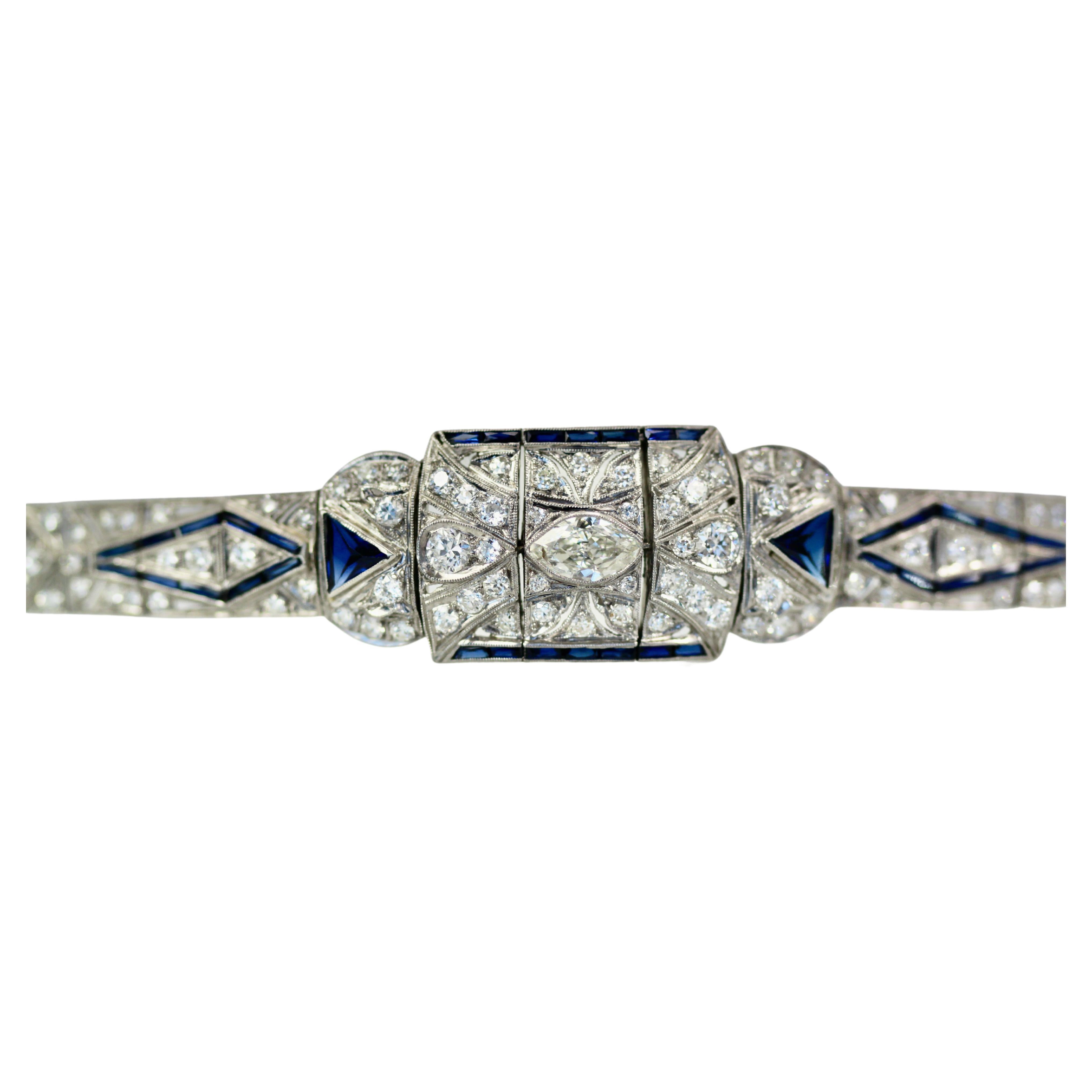 Art Deco Platinum Diamond Sapphire Bracelet For Sale
