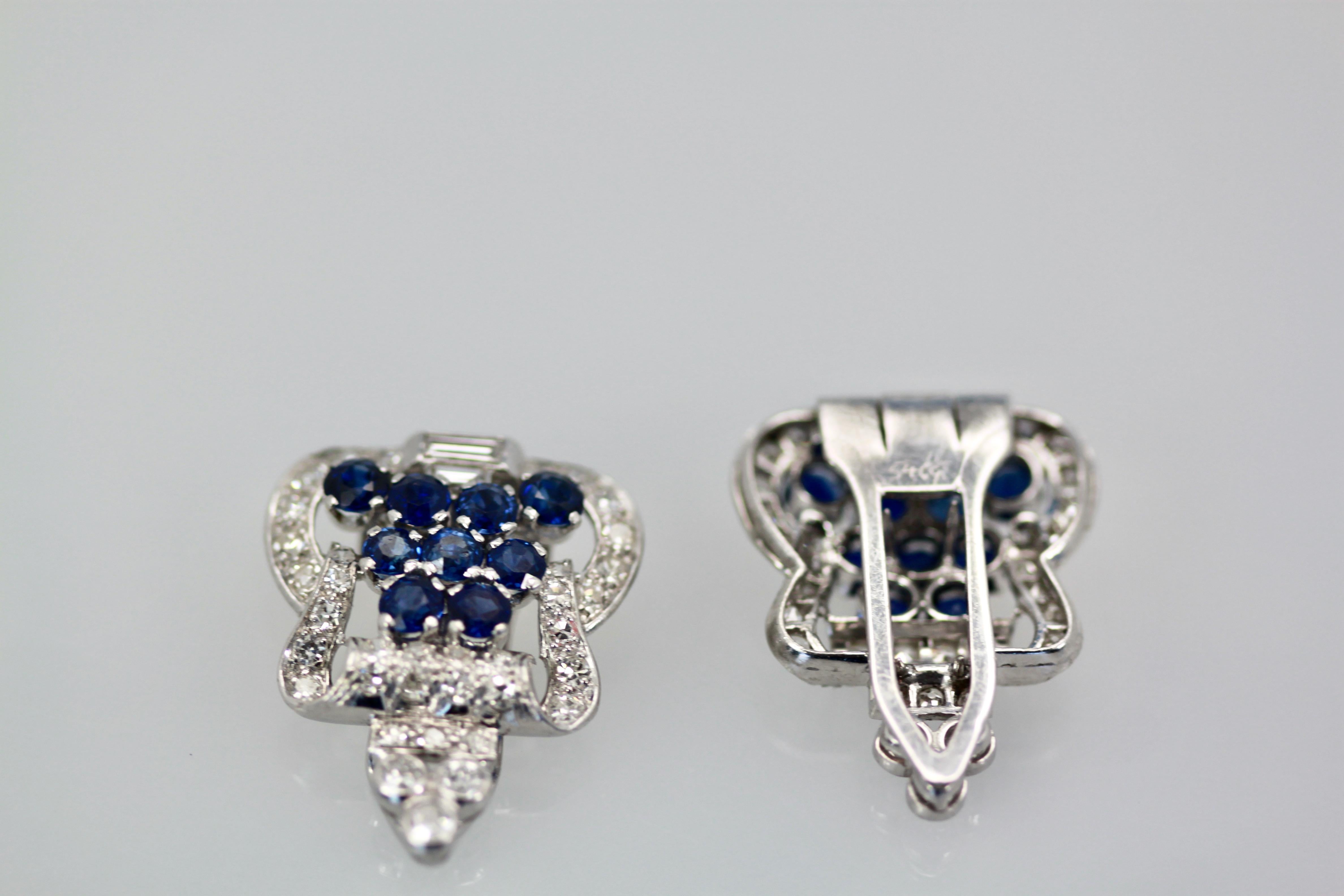 Art Deco Platinum Diamond Sapphire Clip Brooches For Sale at 1stDibs