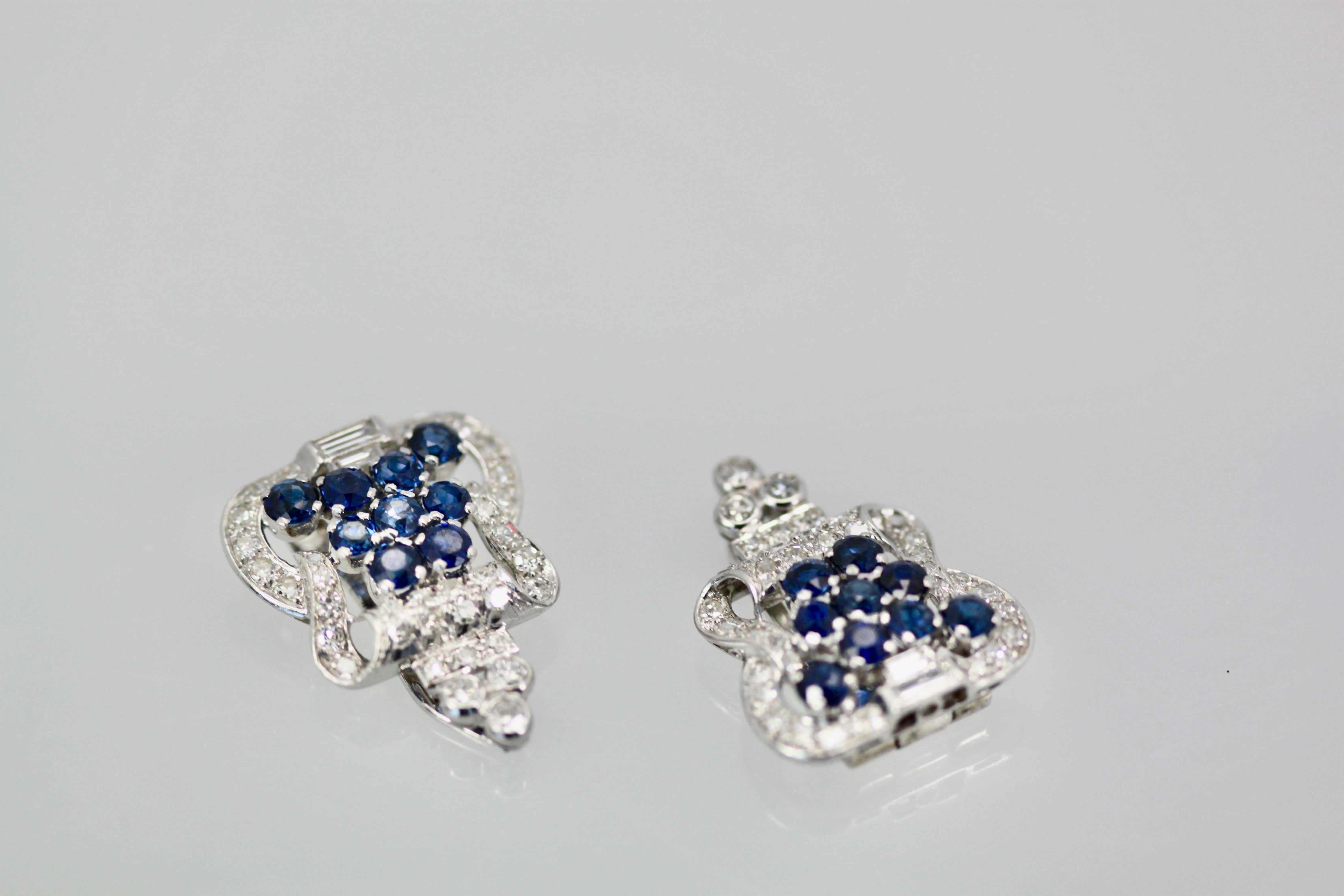 Round Cut Art Deco Platinum Diamond Sapphire Clip Brooches