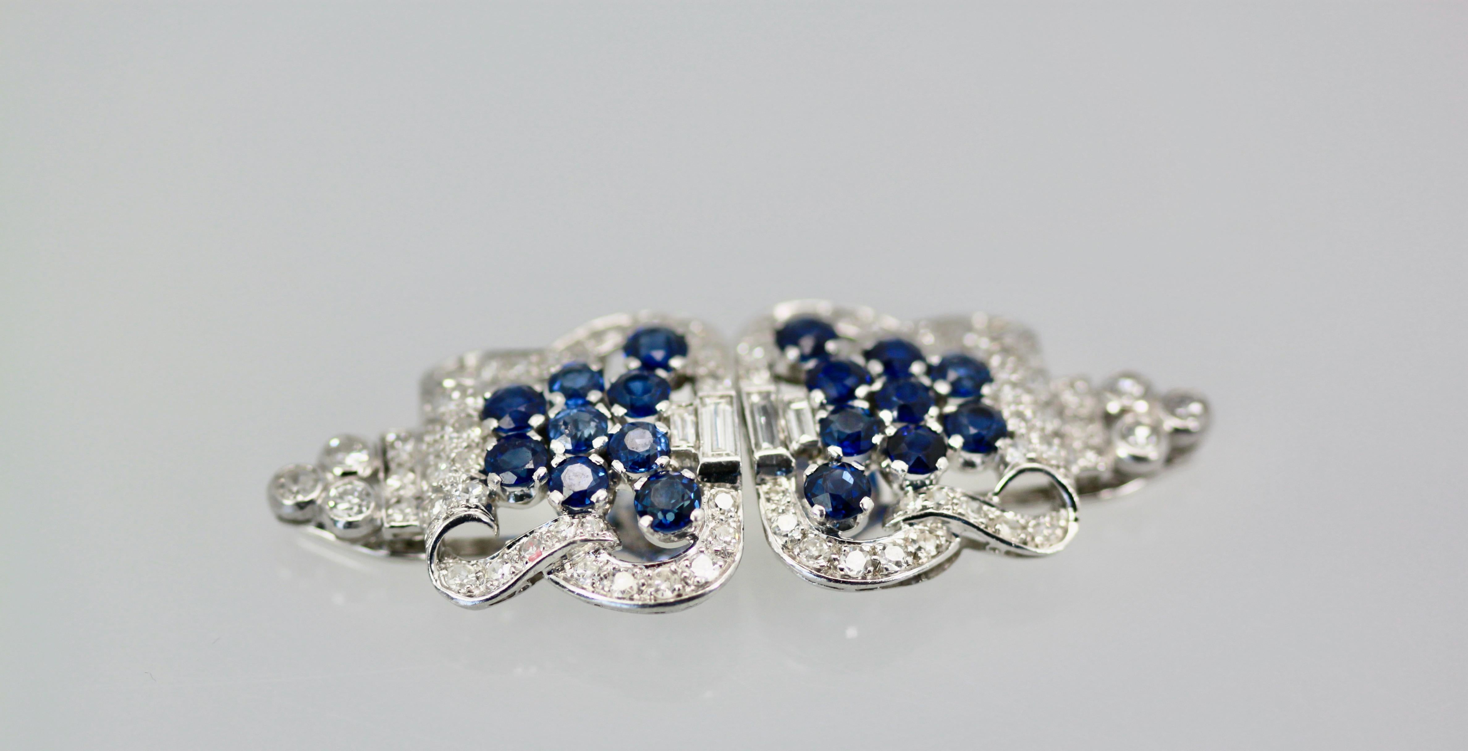 Art Deco Platinum Diamond Sapphire Clip Brooches In Excellent Condition In North Hollywood, CA