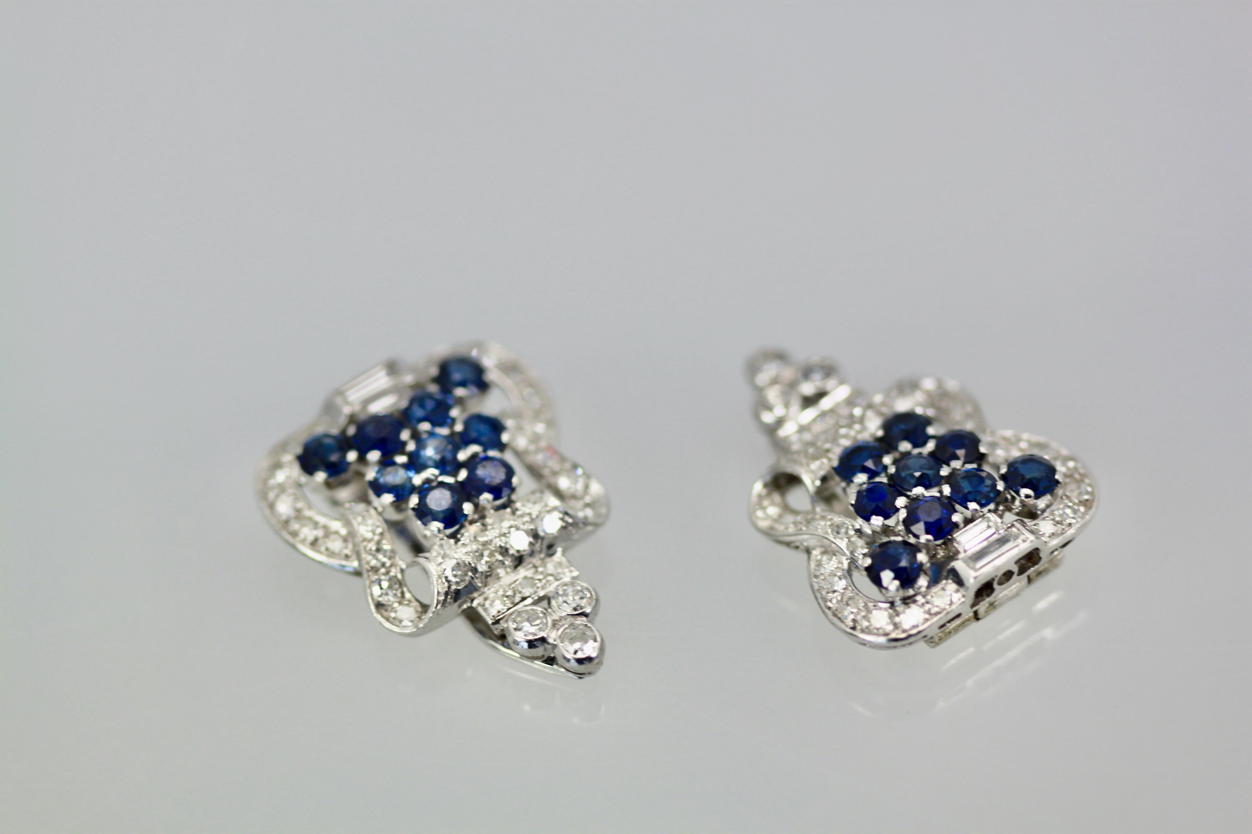 Women's or Men's Art Deco Platinum Diamond Sapphire Clip Brooches