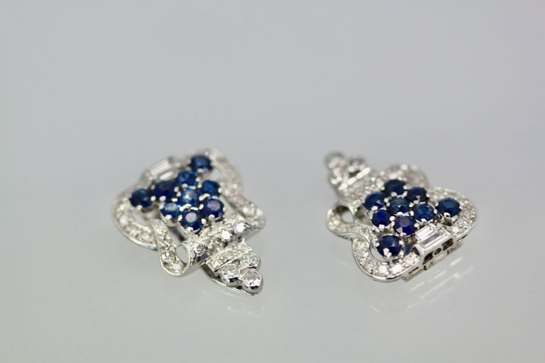 Art Deco Platinum Diamond Sapphire Clip Brooches For Sale 1