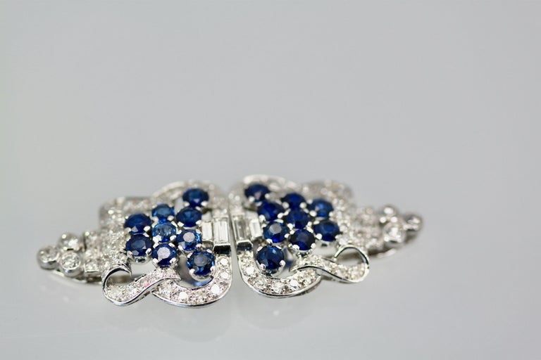 Art Deco Platinum Diamond Sapphire Clip Brooches For Sale 2