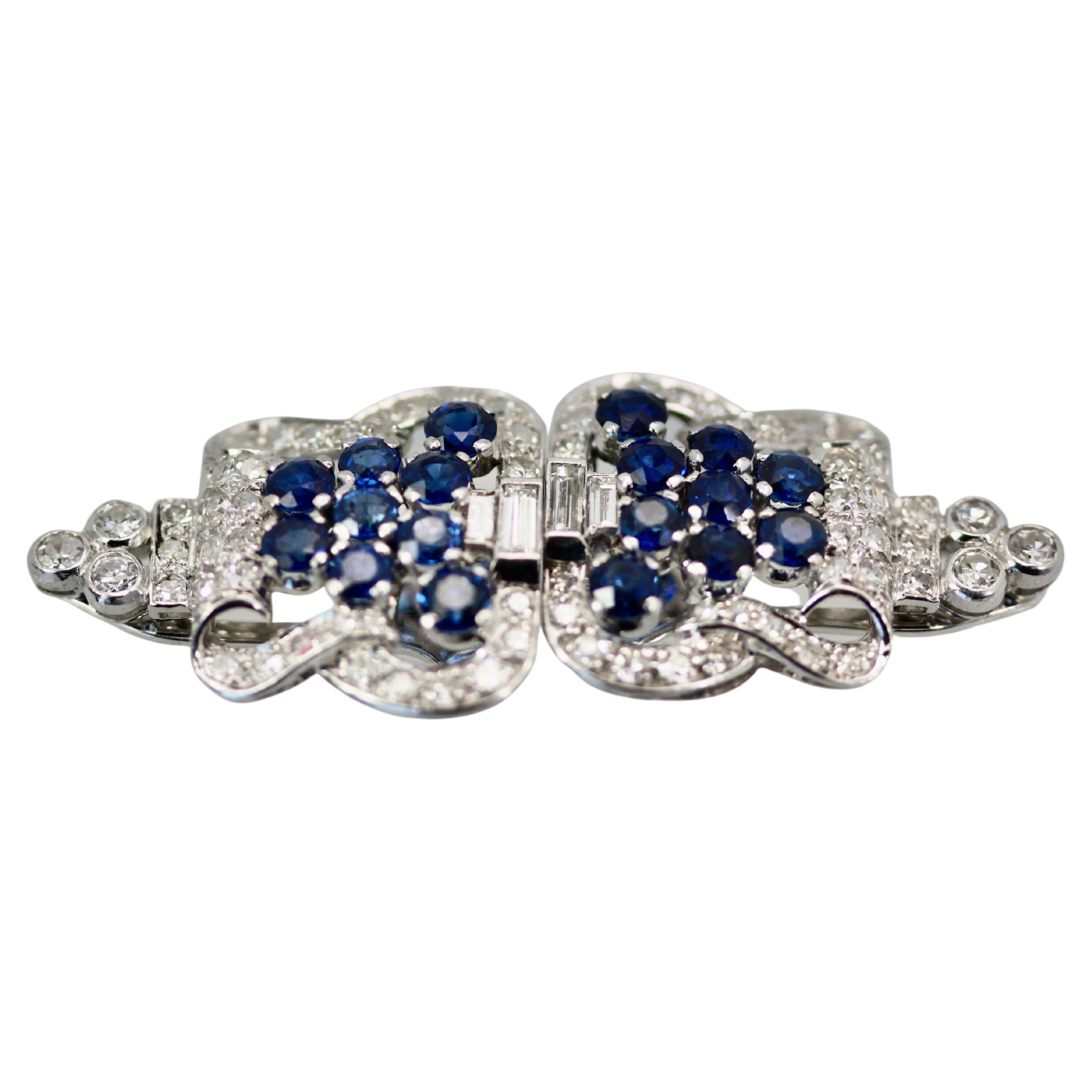Art Deco Platinum Diamond Sapphire Clip Brooches