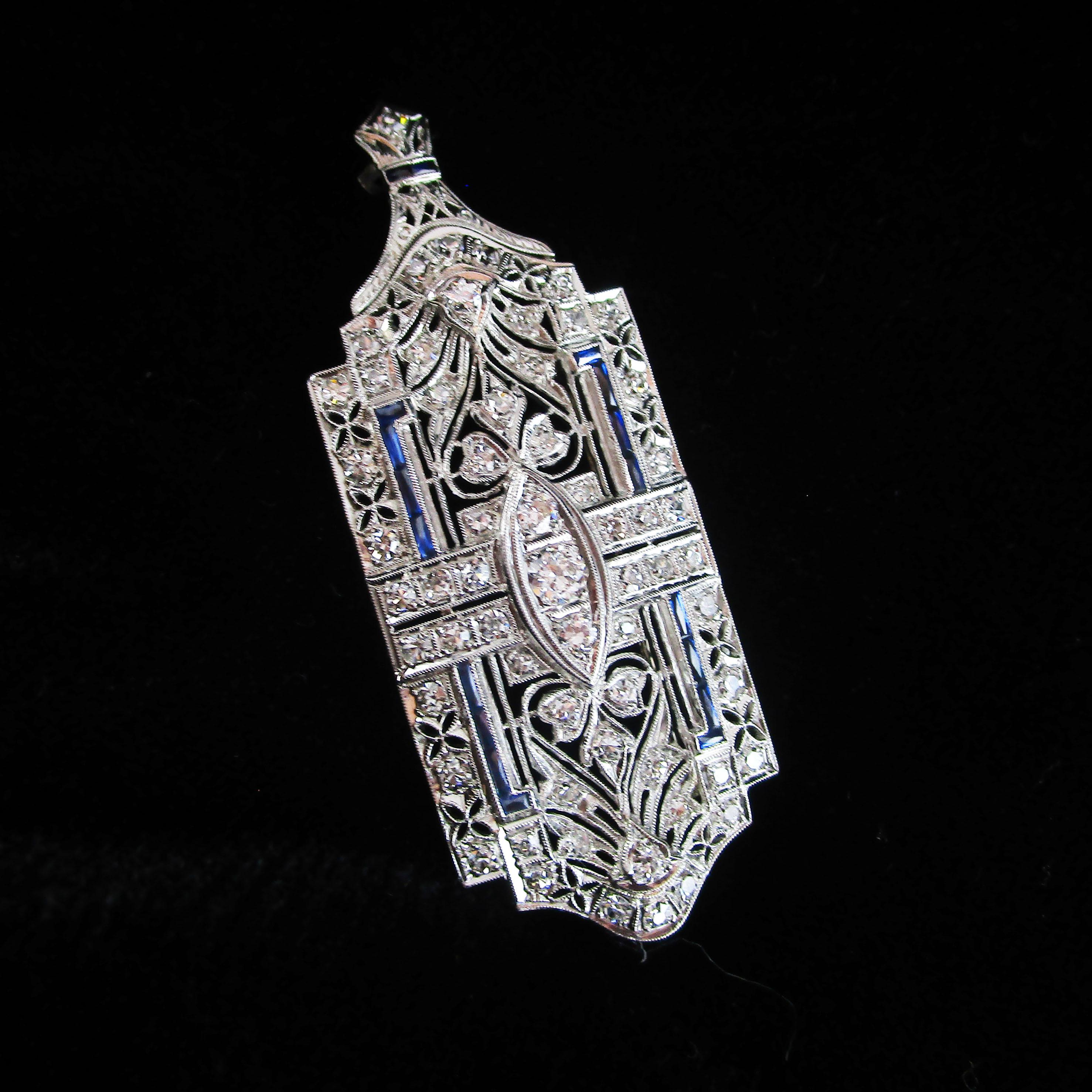 Round Cut Art Deco Platinum Diamond Sapphire Convertible Pin Pendant